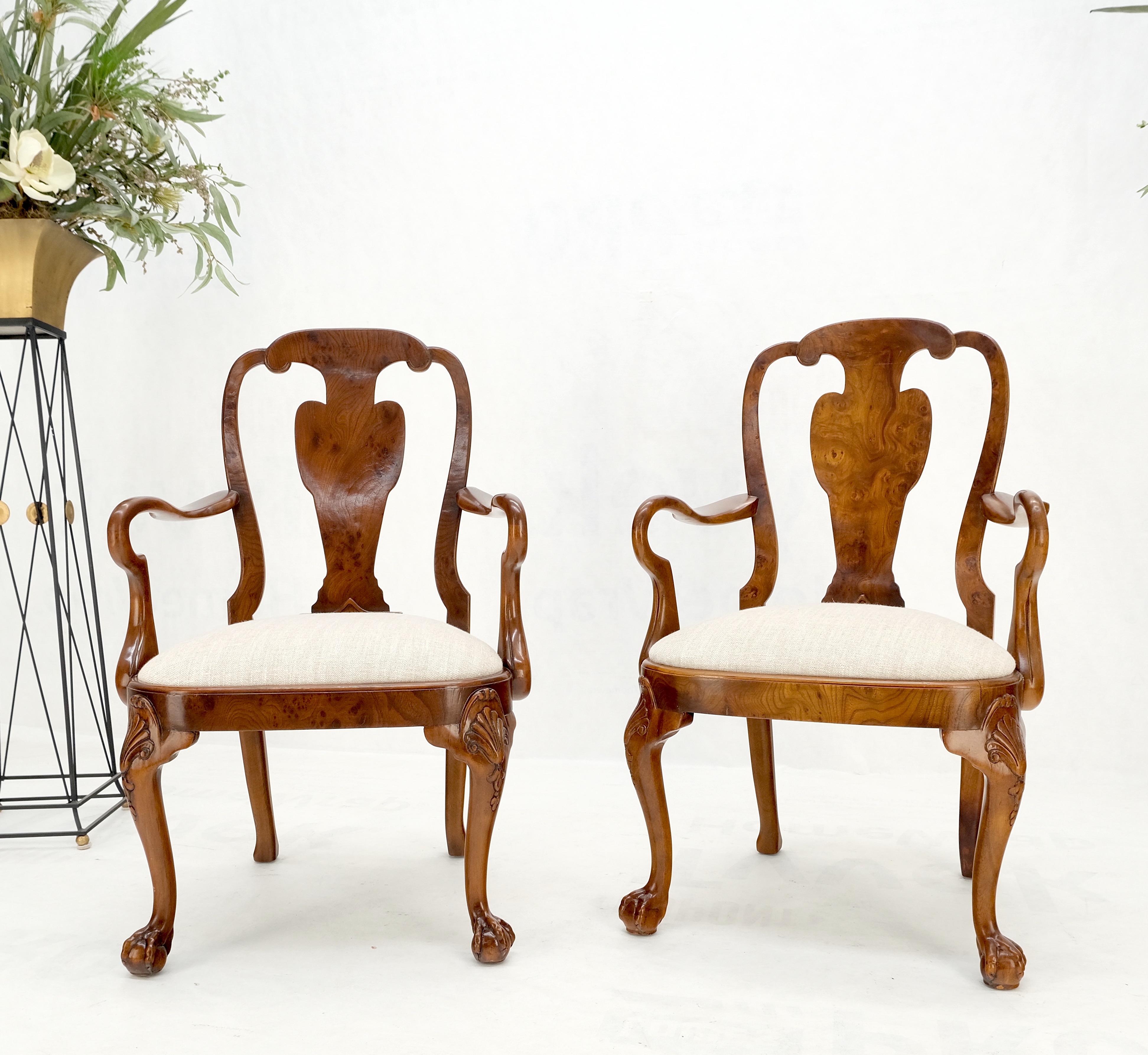 20th Century Pair of Carved Burl Wood New Oatmeal Linen Upholstery Armchairs Mint! For Sale