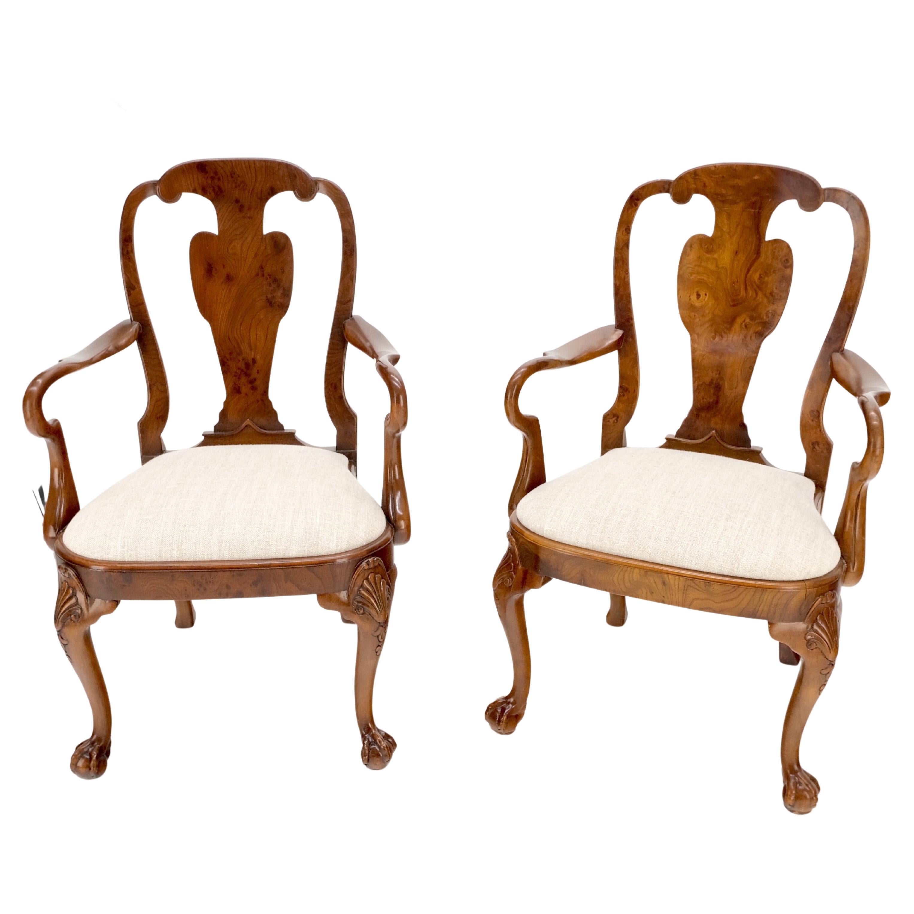 Pair of Carved Burl Wood New Oatmeal Linen Upholstery Armchairs Mint! For Sale