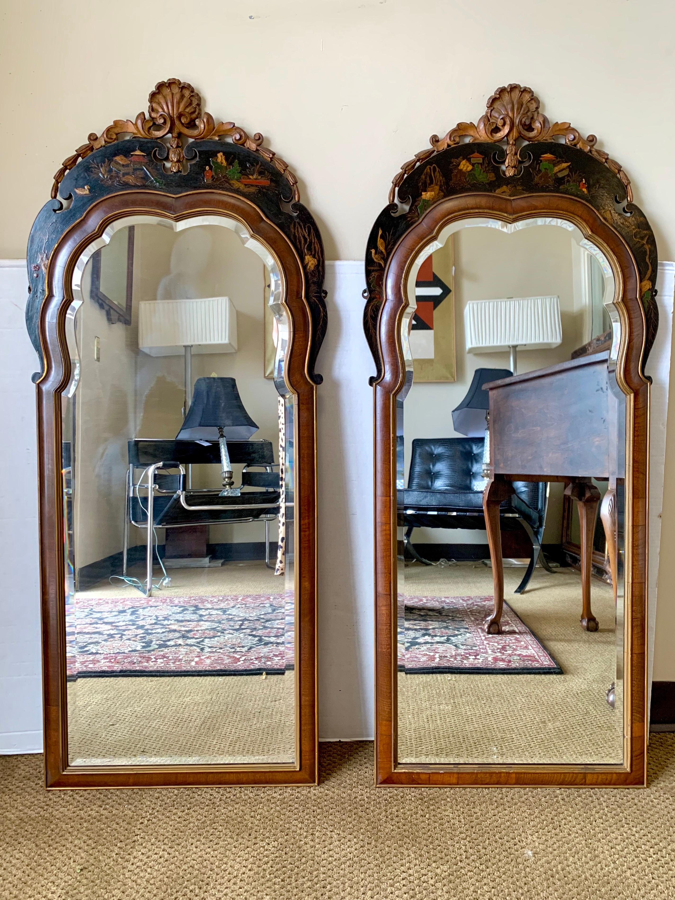 Pair of Carved Burled Walnut Console Tables and Black Chinoiserie Mirrors 11