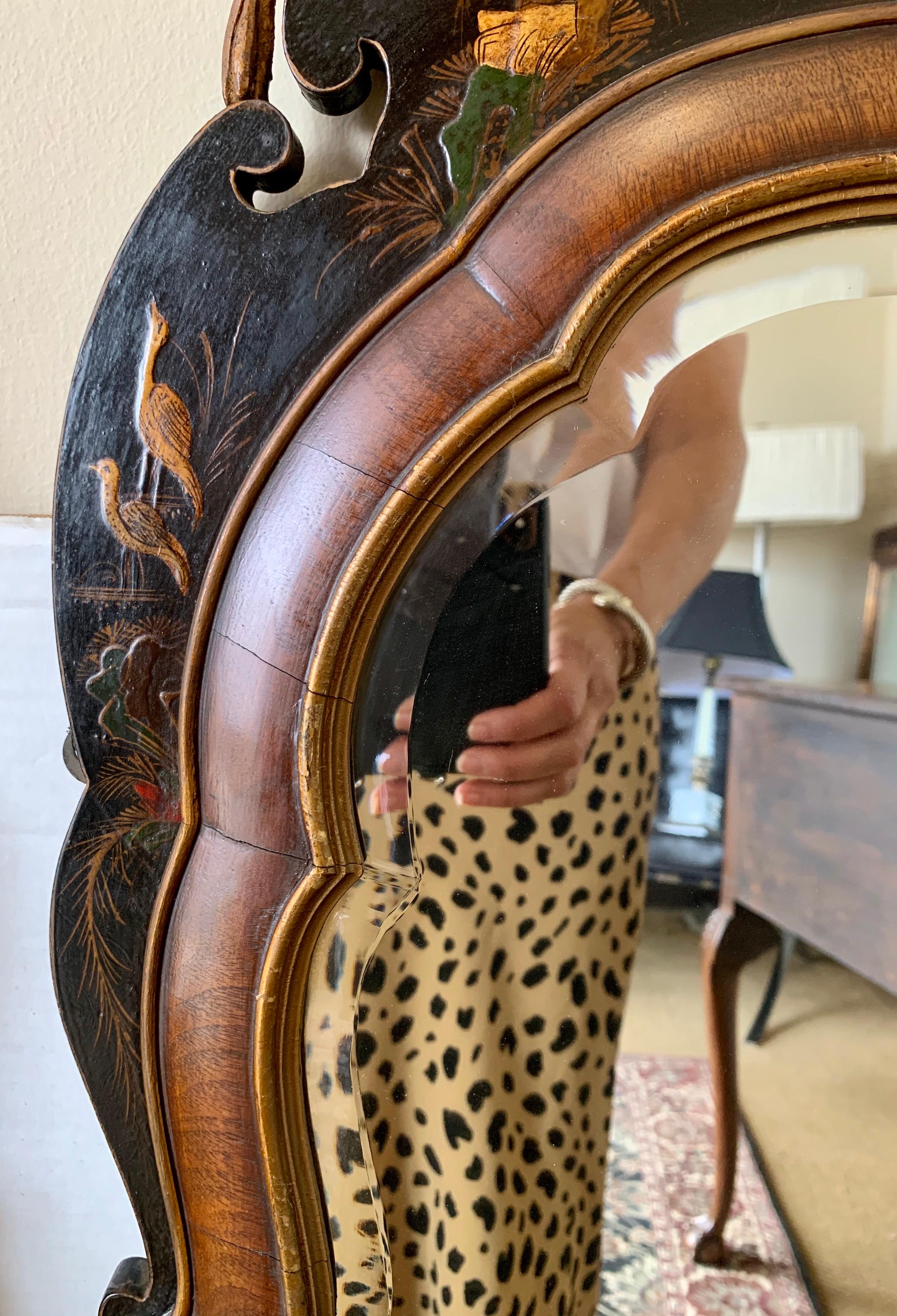 Pair of Carved Burled Walnut Console Tables and Black Chinoiserie Mirrors 13