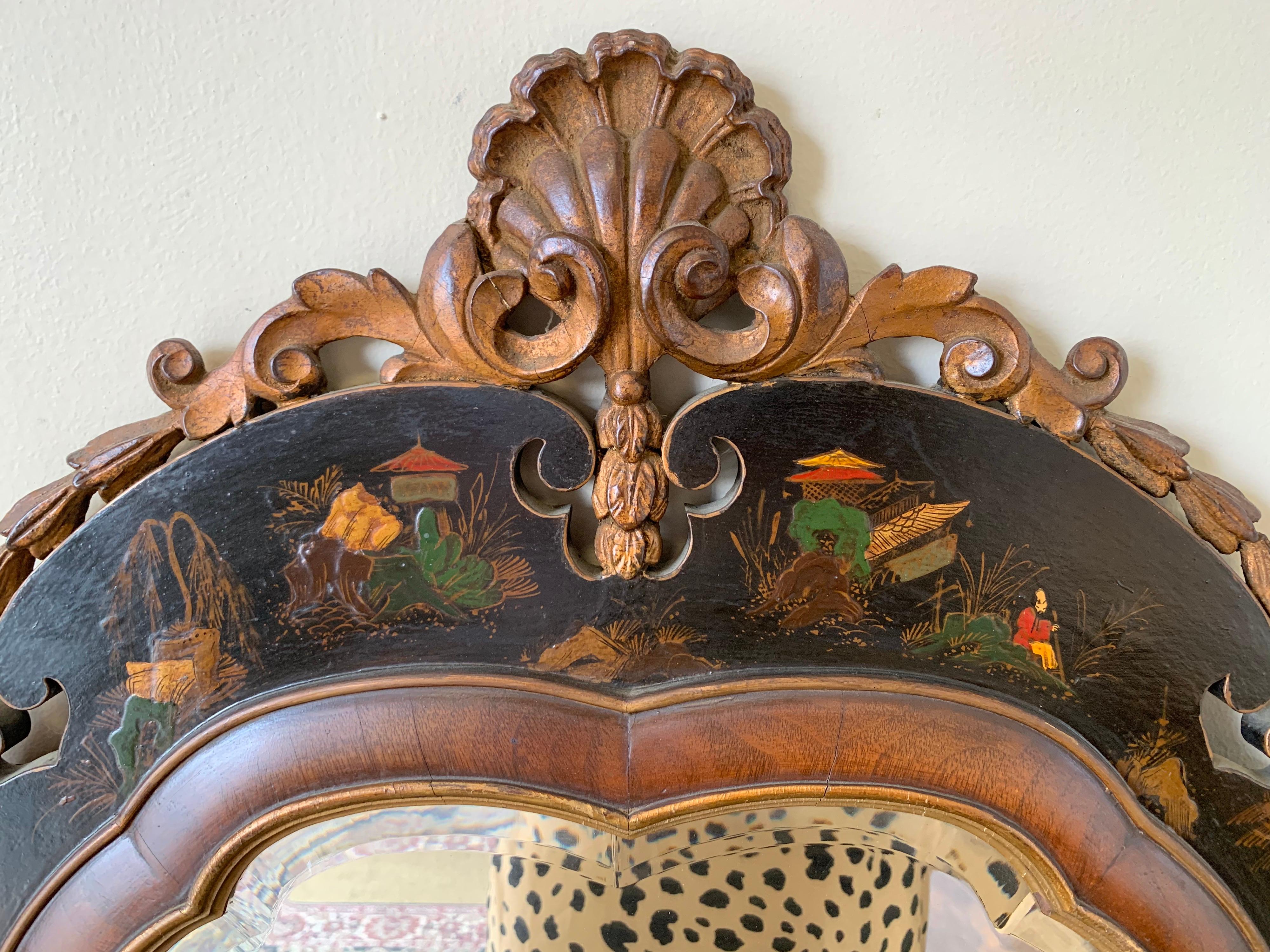 Pair of Carved Burled Walnut Console Tables and Black Chinoiserie Mirrors 15