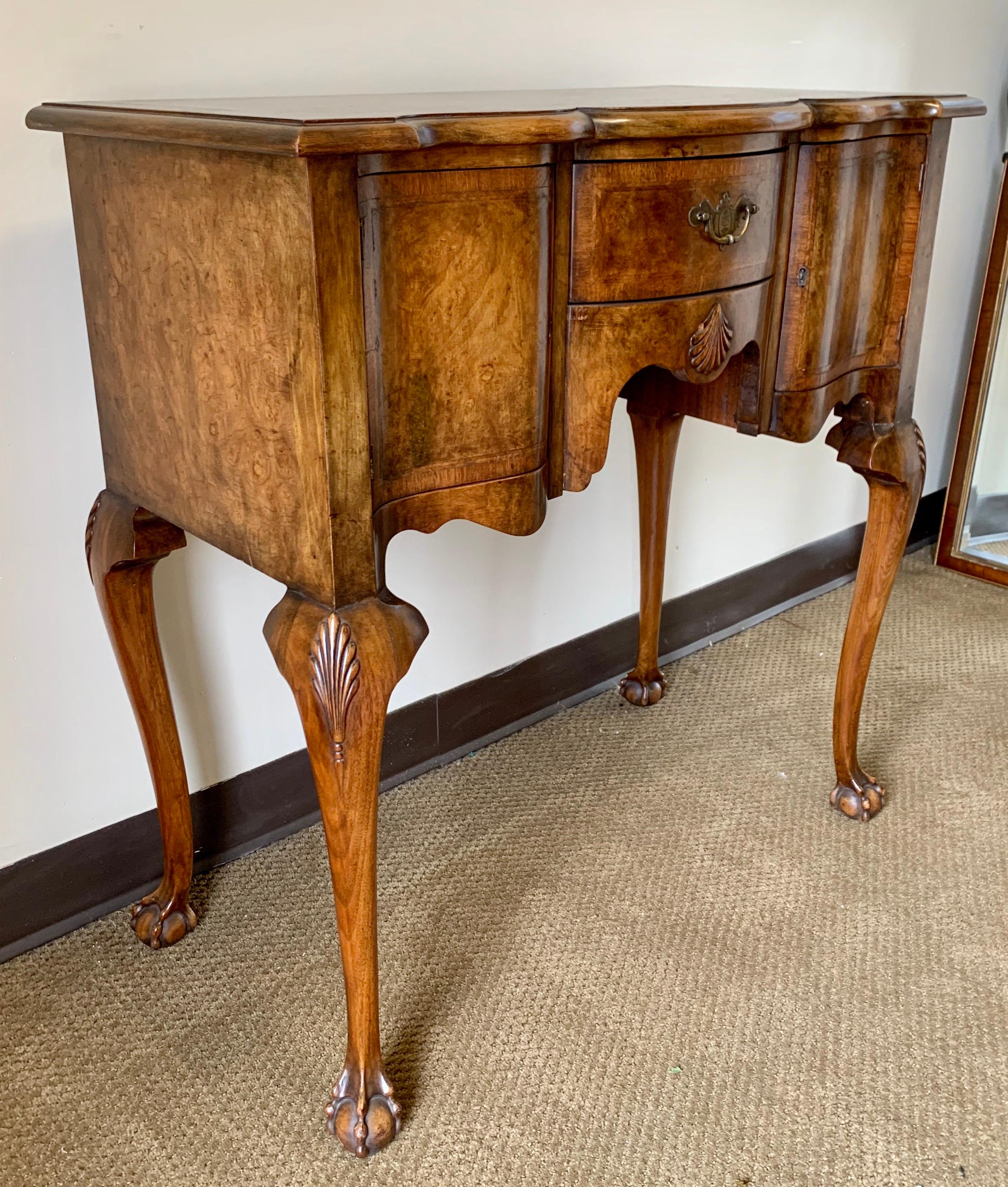 Pair of Carved Burled Walnut Console Tables and Black Chinoiserie Mirrors 5