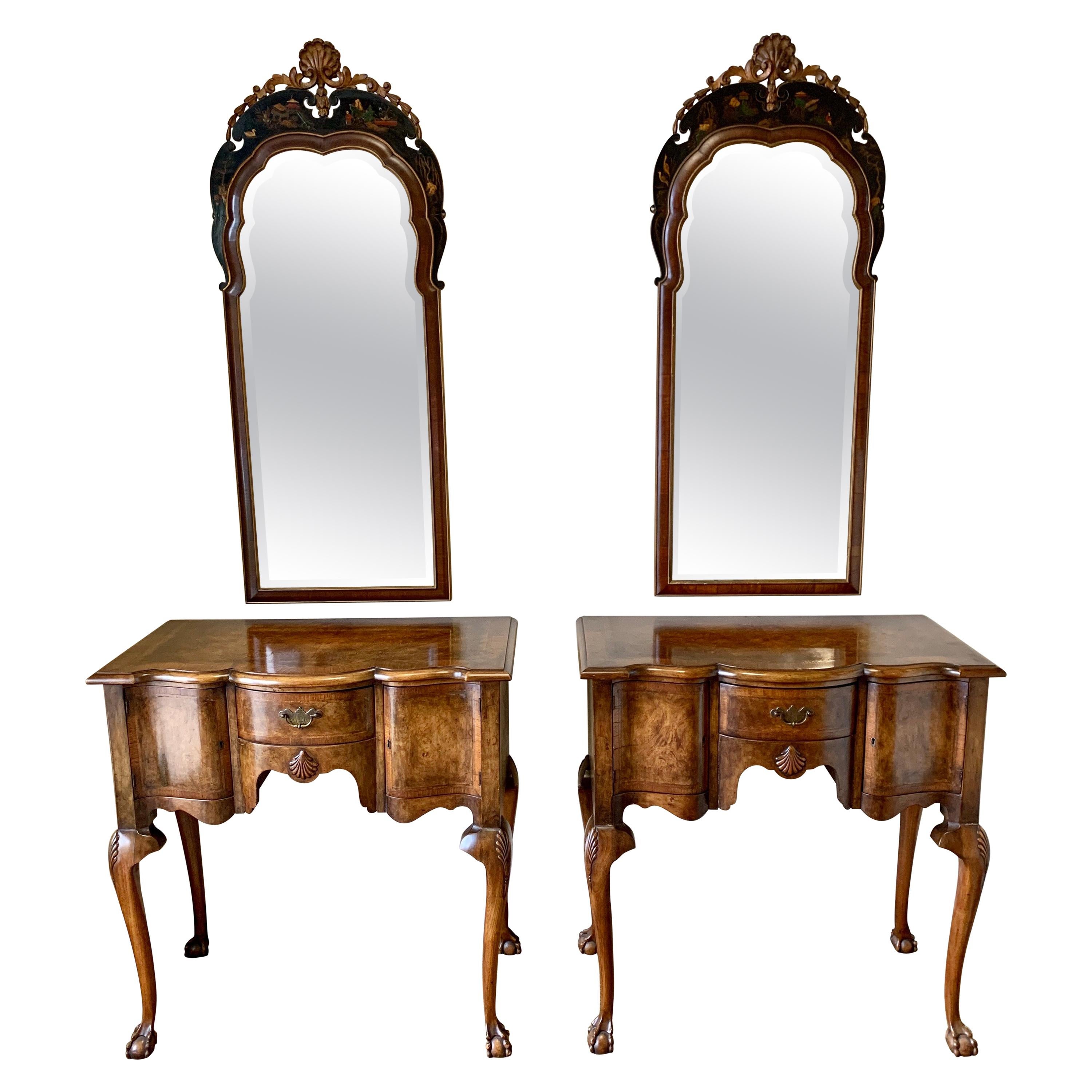Pair of Carved Burled Walnut Console Tables and Black Chinoiserie Mirrors