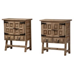 Pair of Carved Cabinets in Solid Oak, Spain, 1950s
