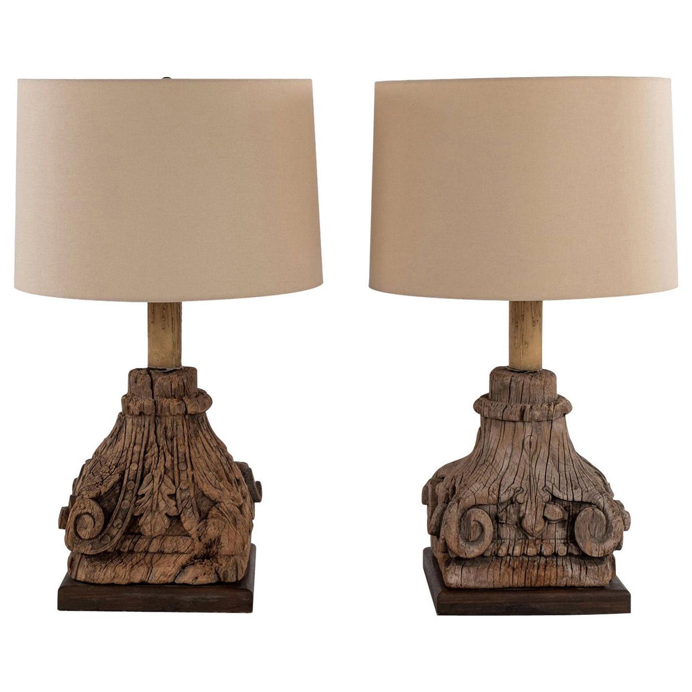 Pair of Carved Capital Table Lamps For Sale
