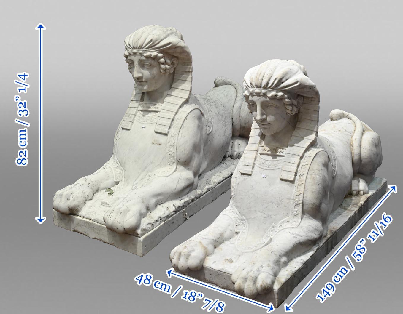 Pair of carved Carrara marble sphinxes For Sale 7