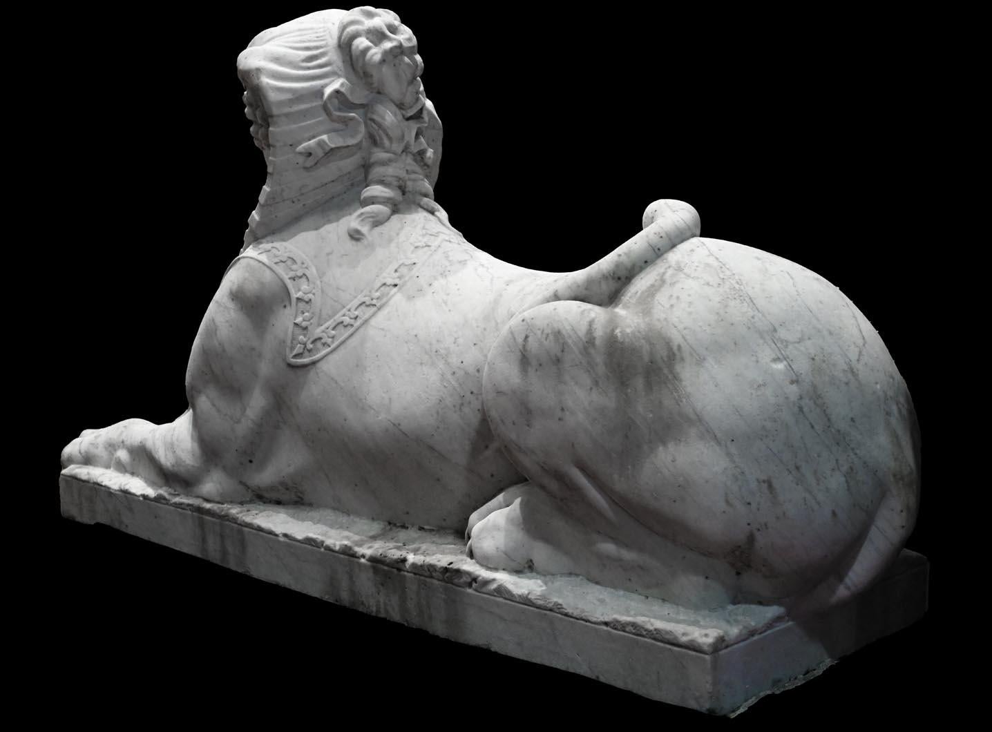 French Pair of carved Carrara marble sphinxes For Sale