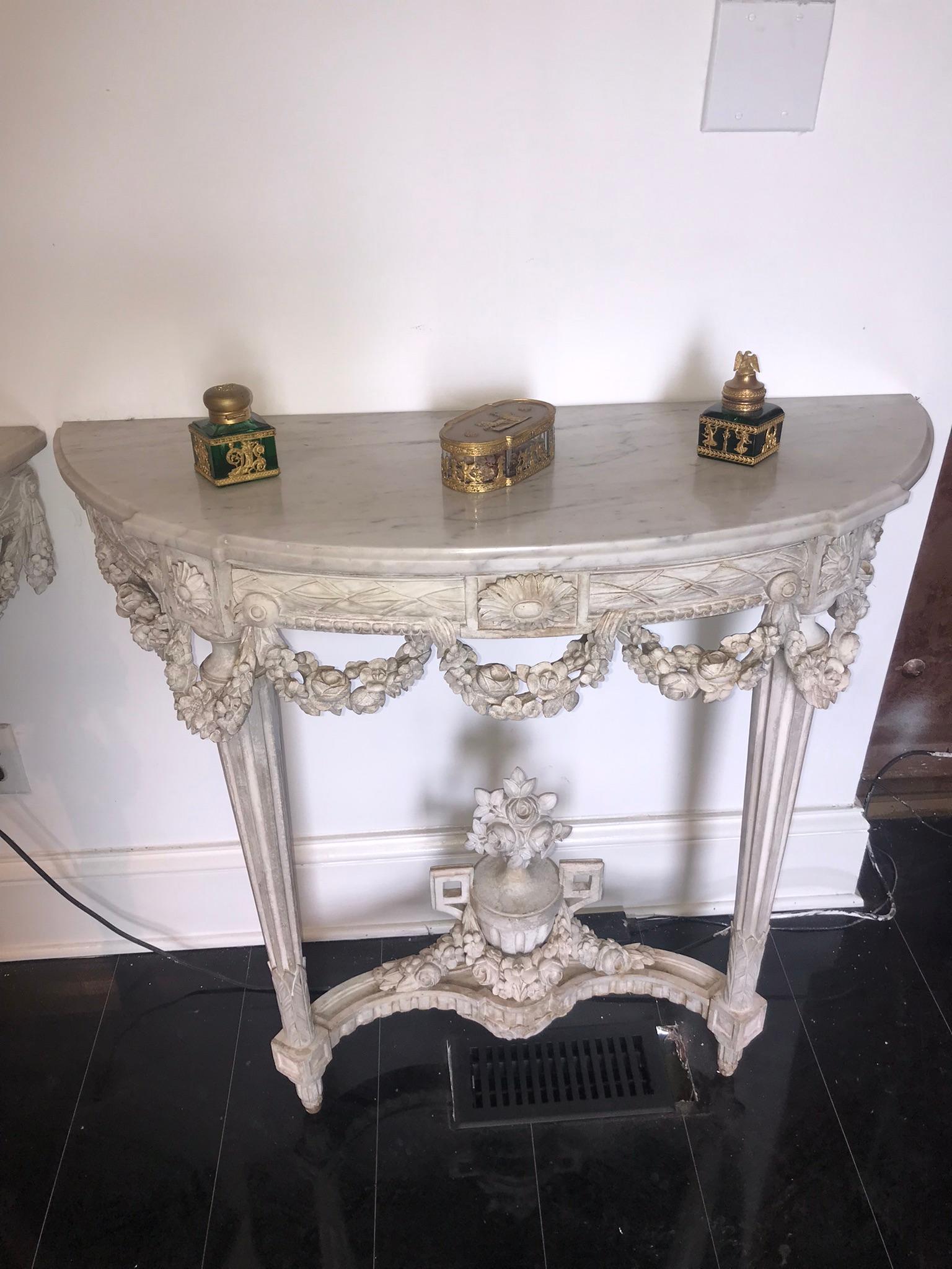 Pair of Carved Chalky Paint Louis Xvi Marble Top Console Tables 5
