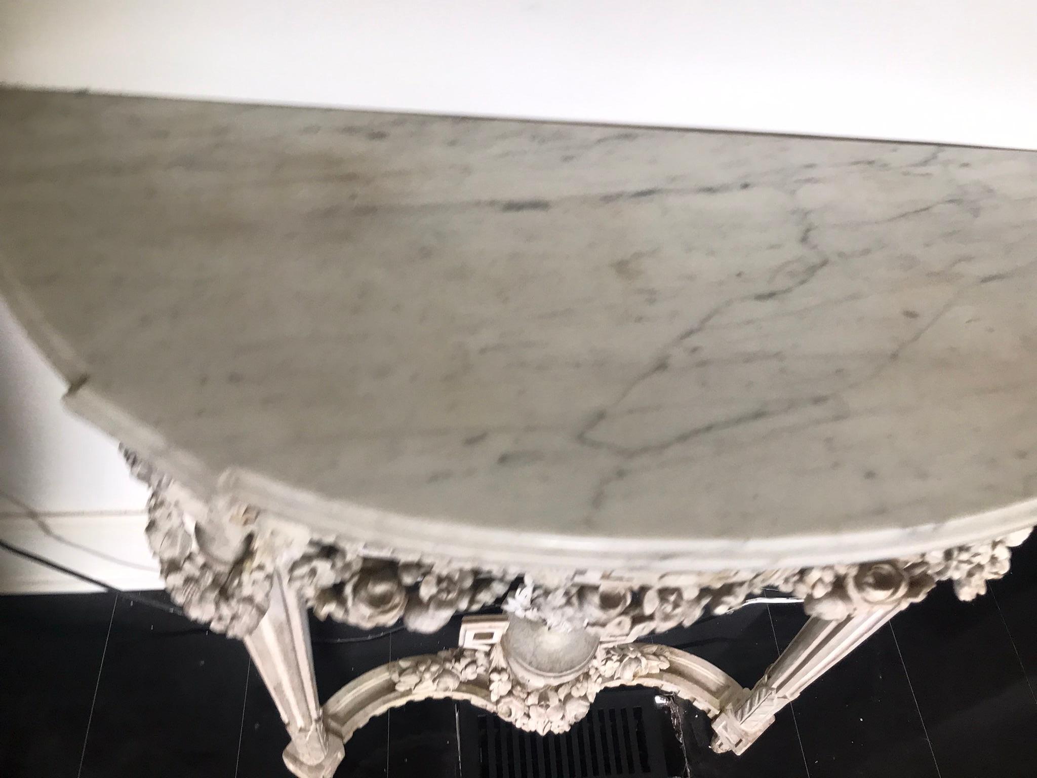 Pair of Carved Chalky Paint Louis Xvi Marble Top Console Tables 7
