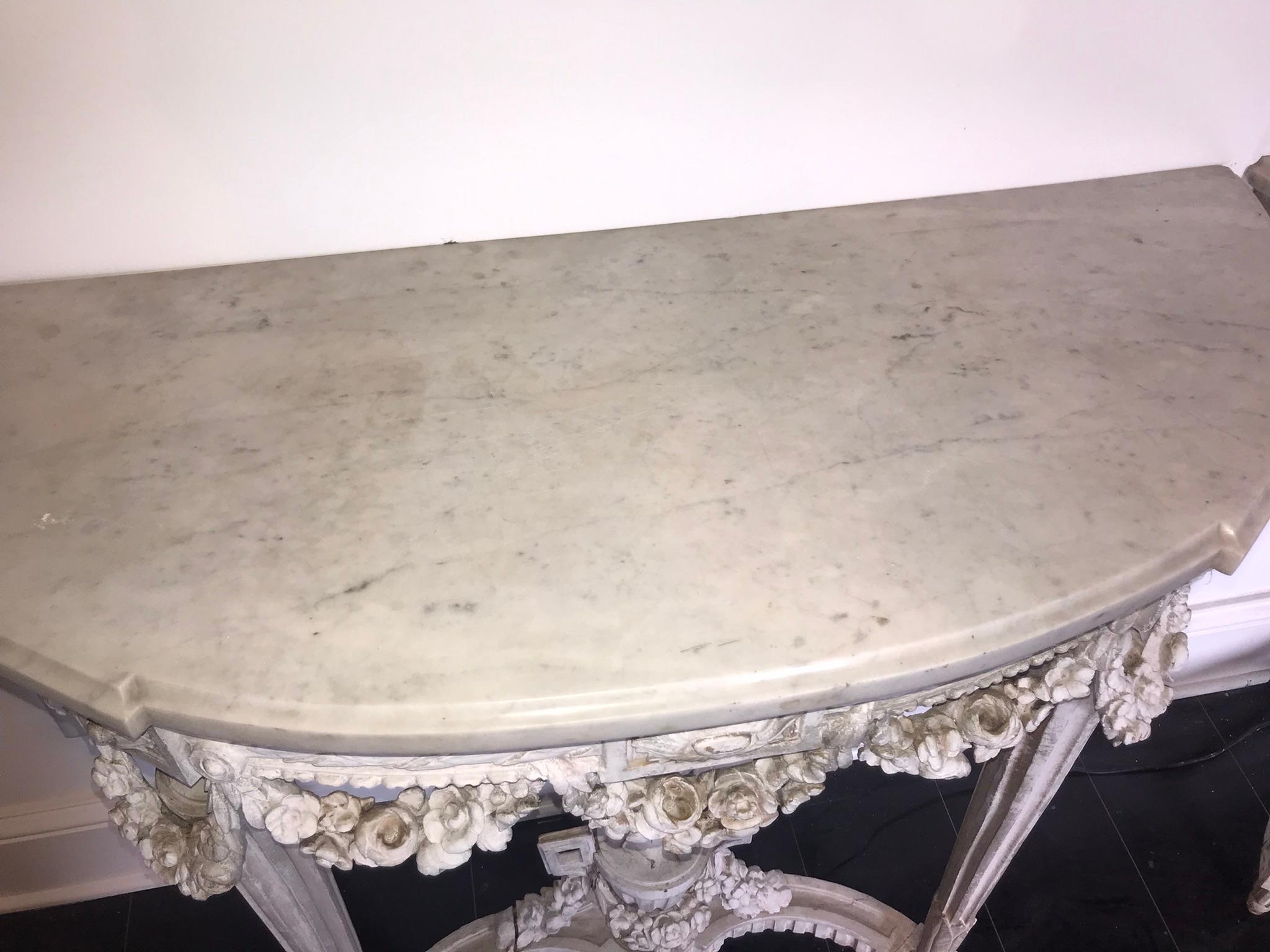 Pair of Carved Chalky Paint Louis Xvi Marble Top Console Tables 8