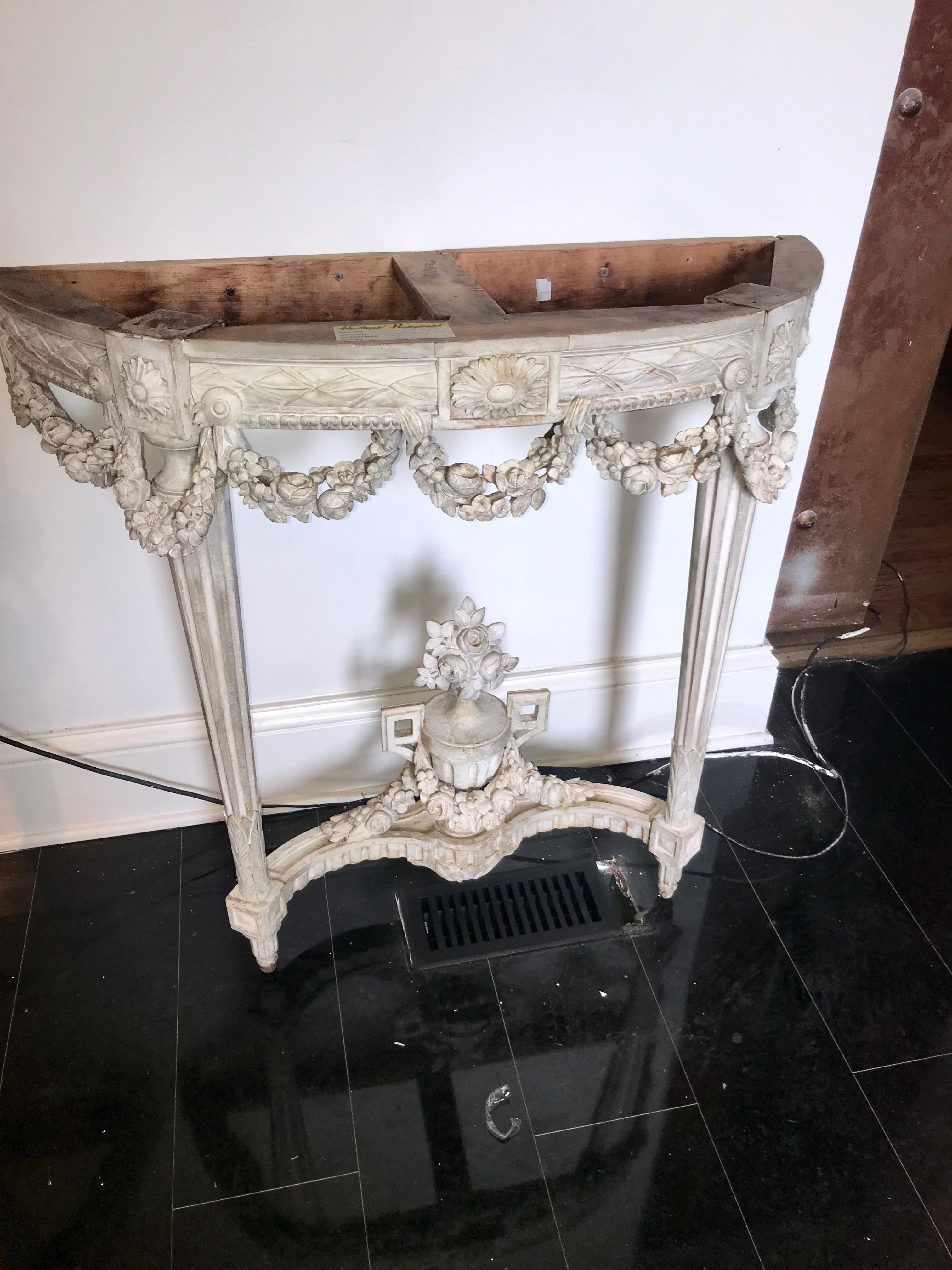 Pair of Carved Chalky Paint Louis Xvi Marble Top Console Tables 9