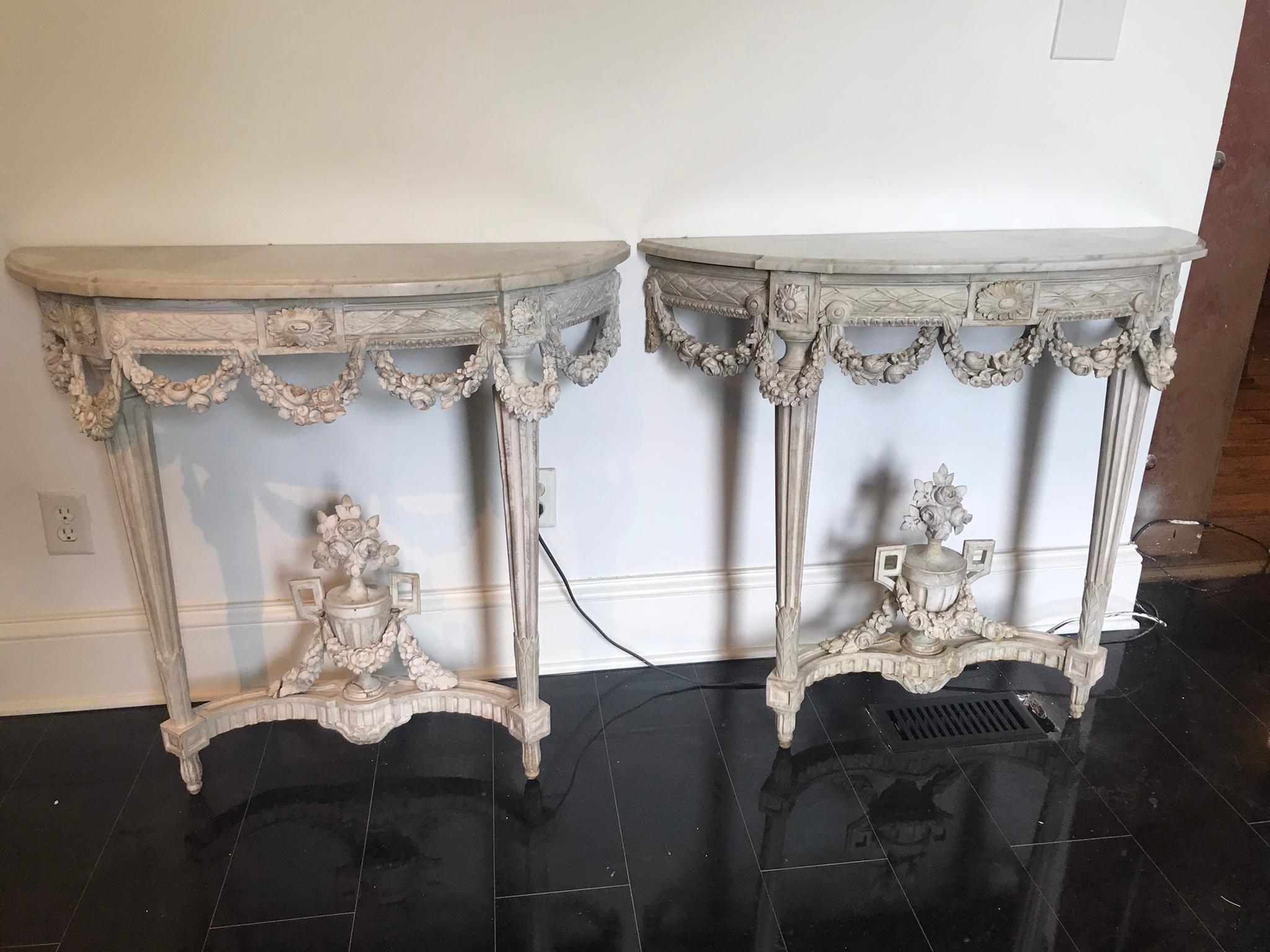 Pair of Carved Chalky Paint Louis Xvi Marble Top Console Tables 10