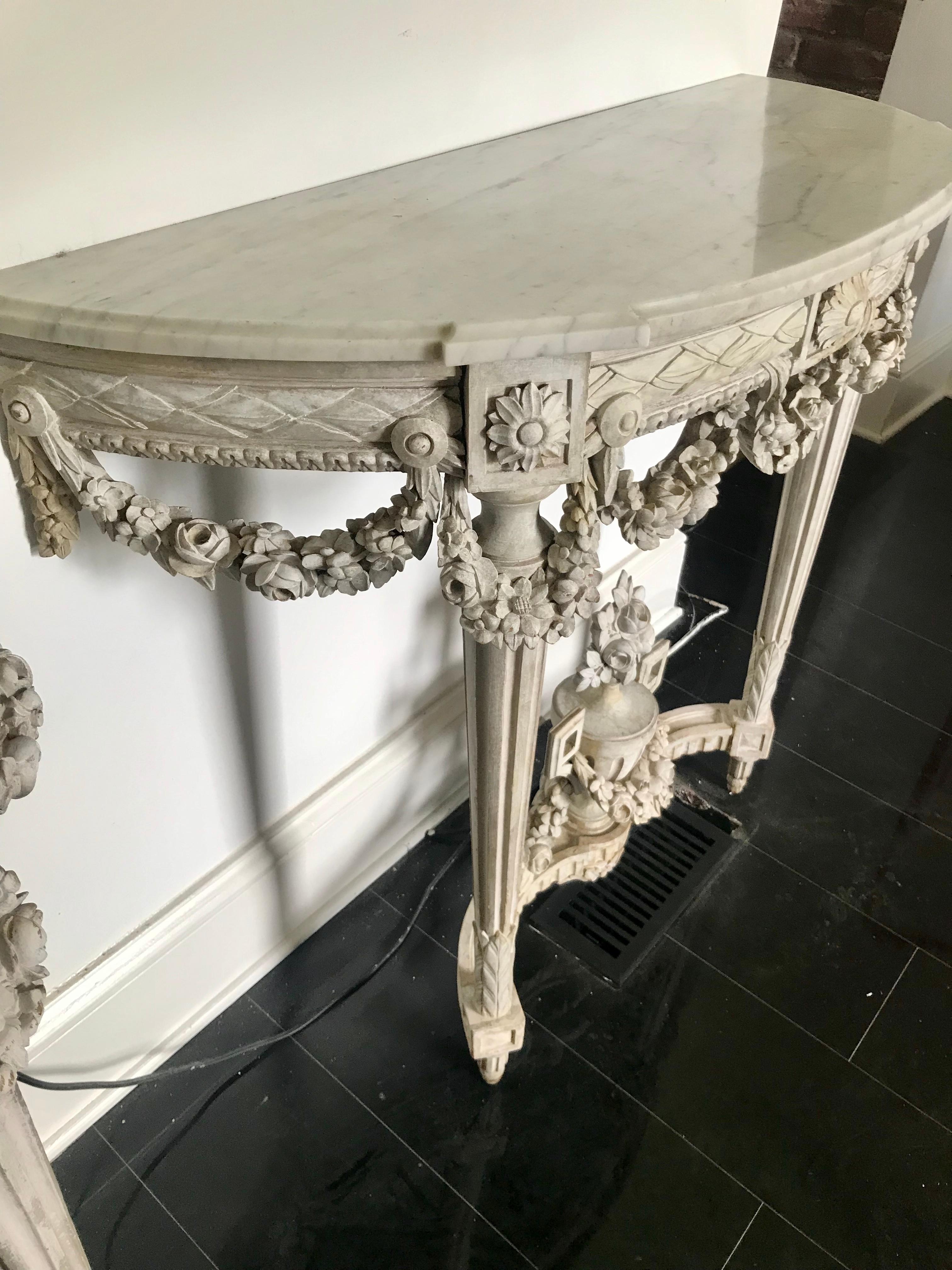 Pair of Carved Chalky Paint Louis Xvi Marble Top Console Tables 13