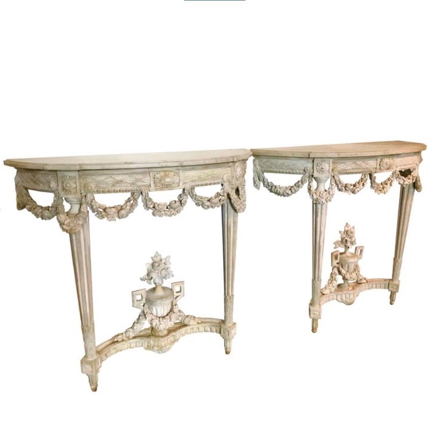 Pair of Carved Chalky Paint Louis Xvi Marble Top Console Tables