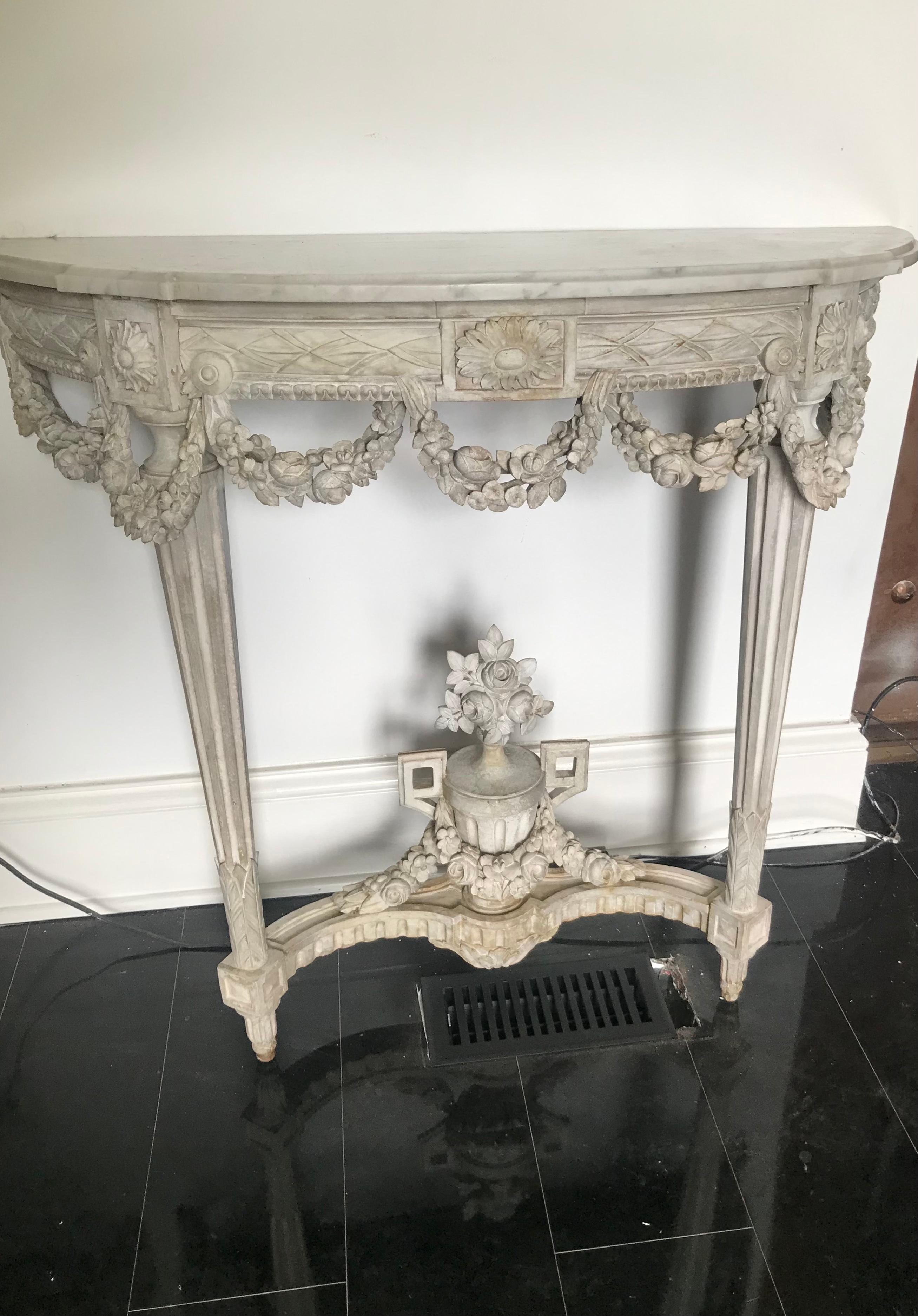 Pair of Carved Chalky Paint Louis Xvi Marble Top Console Tables 6
