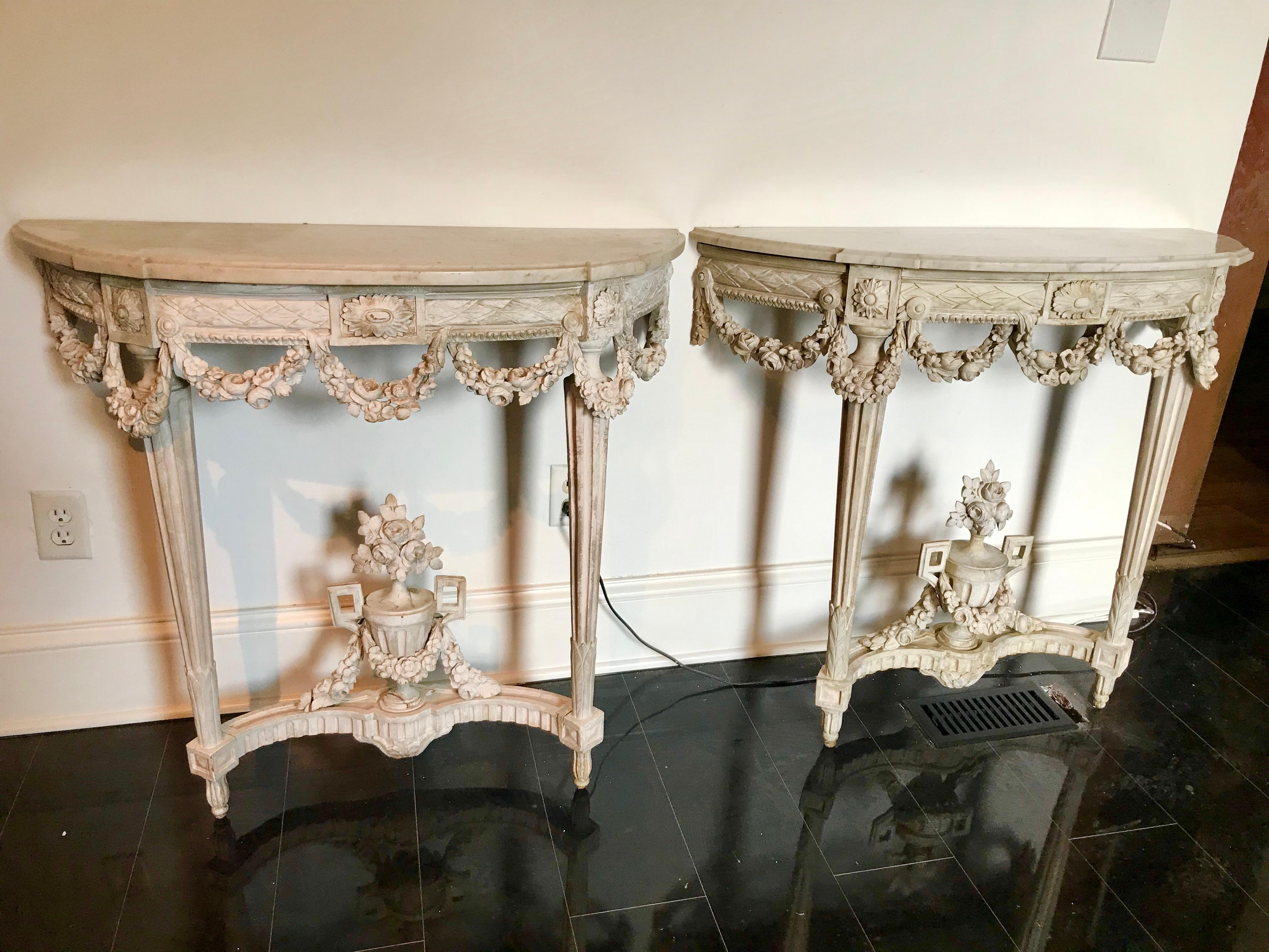 Louis XVI Pair of Carved Chalky Paint Louis Xvi Marble Top Console Tables