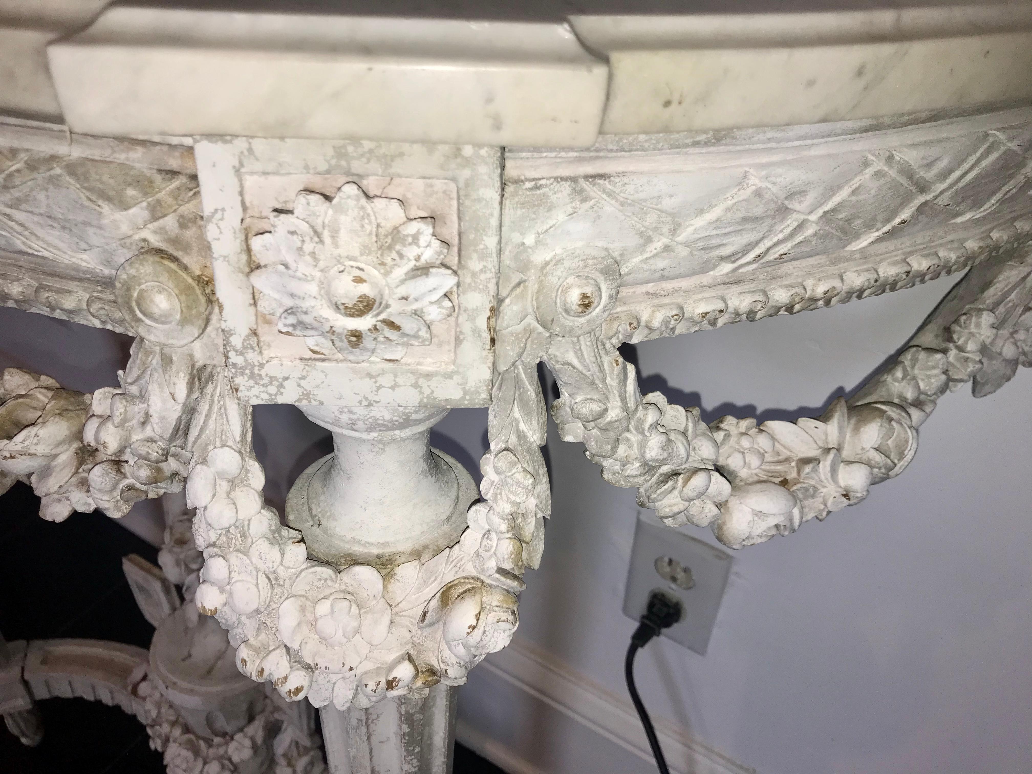 French Pair of Carved Chalky Paint Louis Xvi Marble Top Console Tables