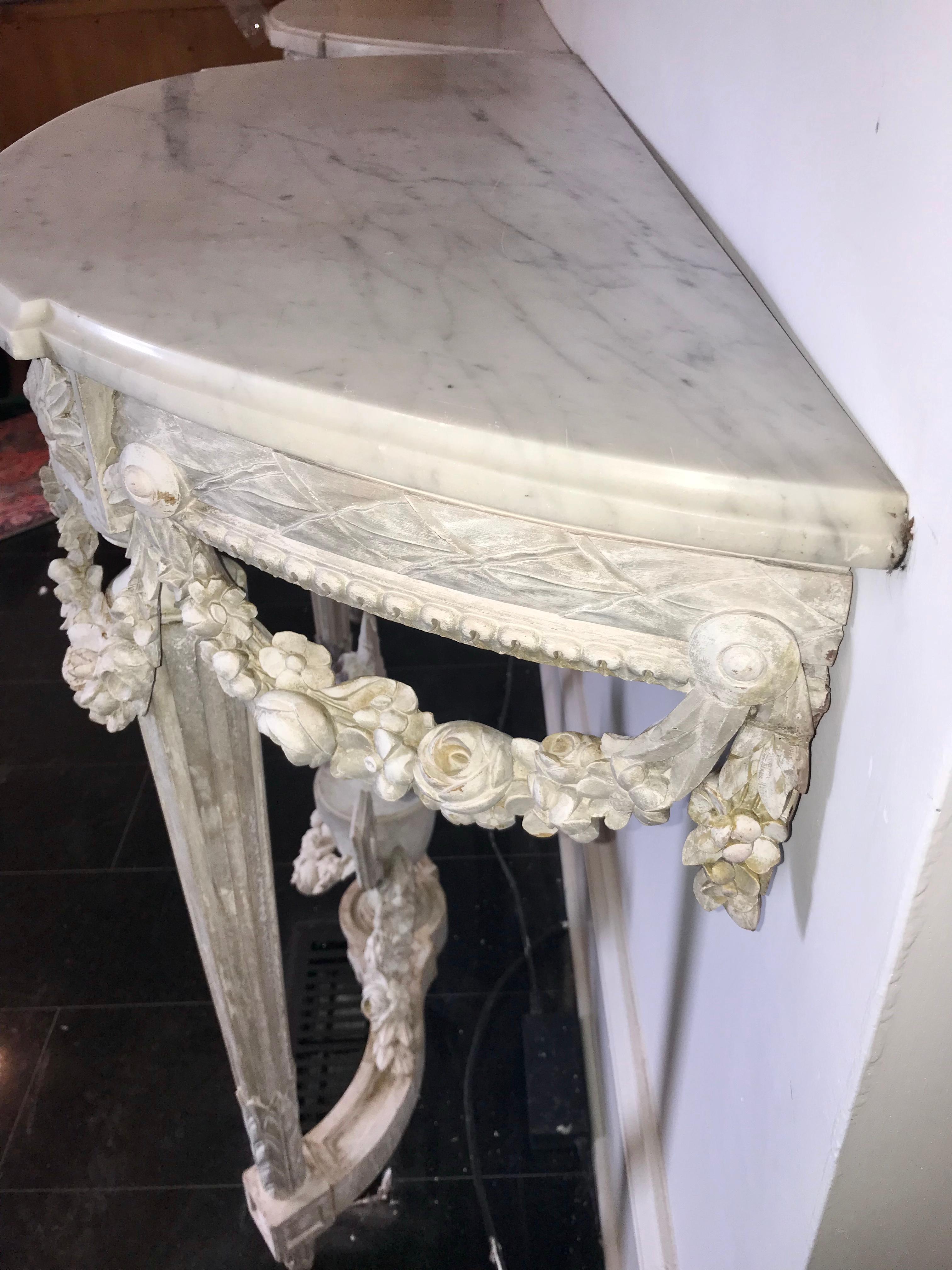 Pair of Carved Chalky Paint Louis Xvi Marble Top Console Tables In Fair Condition In Nashville, TN