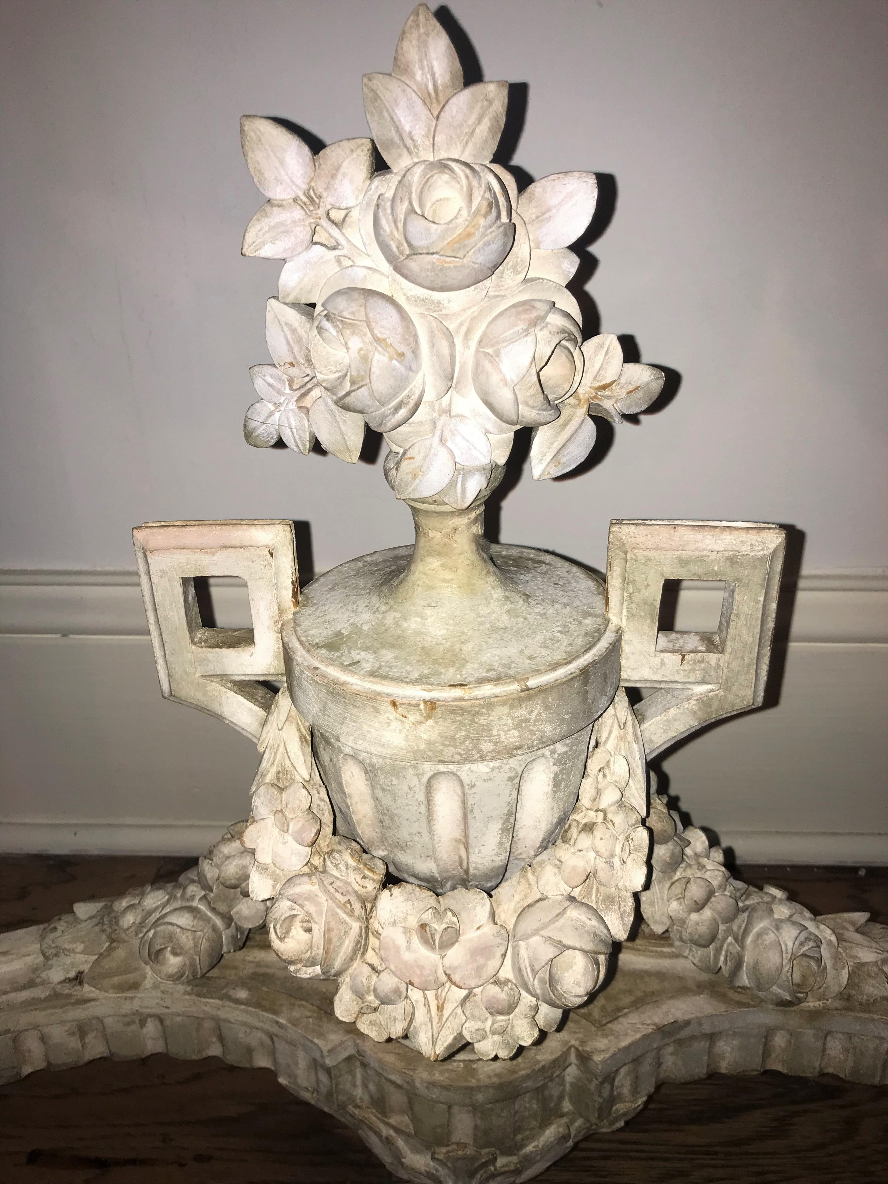 Wood Pair of Carved Chalky Paint Louis Xvi Marble Top Console Tables