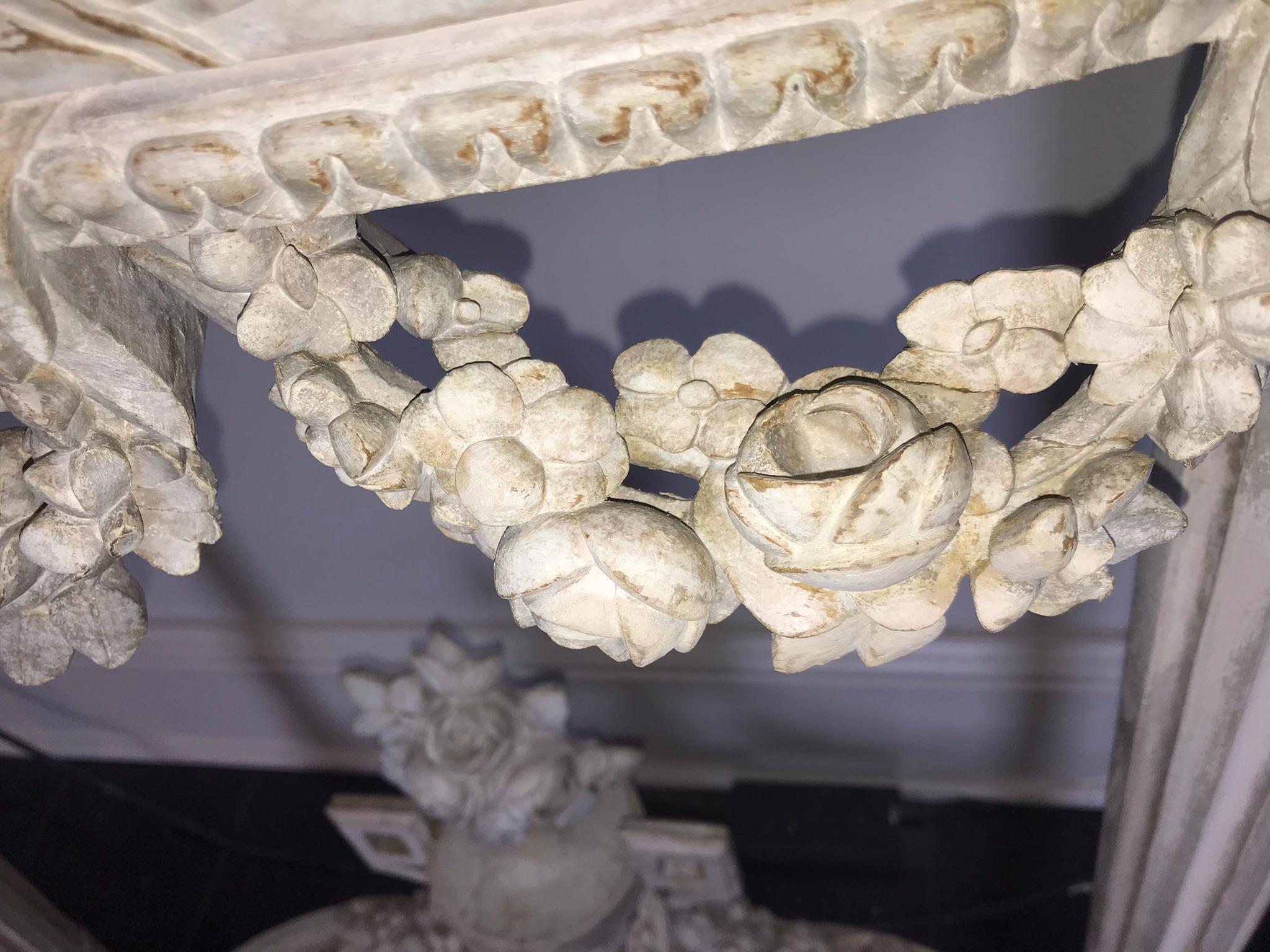 19th Century Pair of Carved Chalky Paint Louis Xvi Marble Top Console Tables