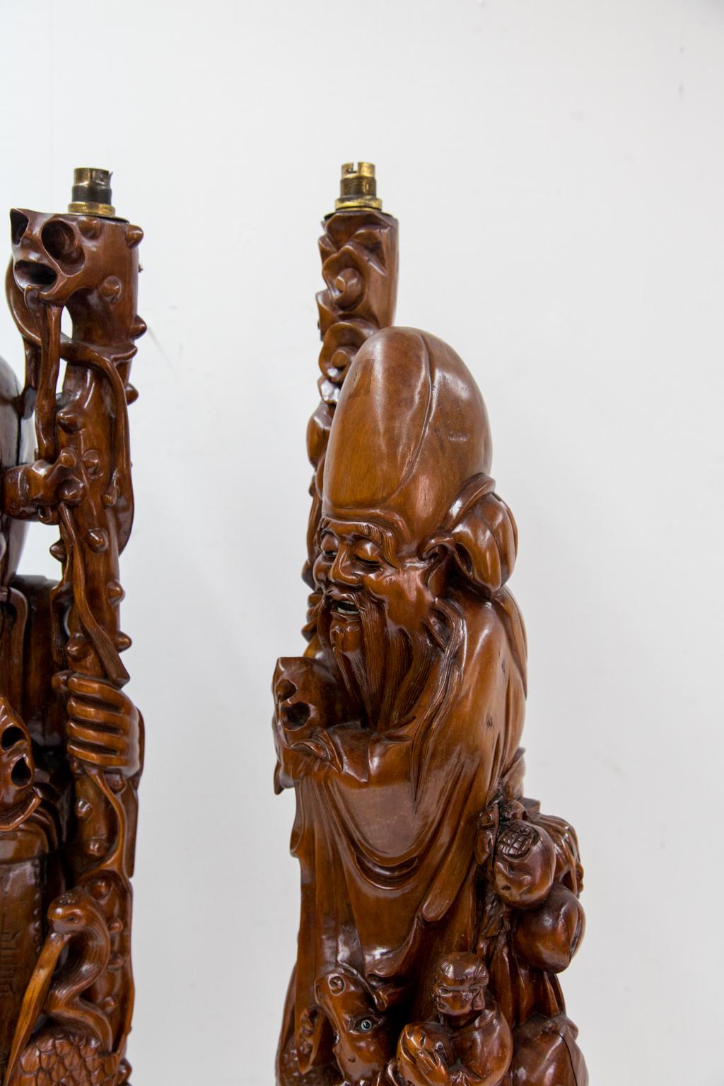 20th Century Pair of Carved Chinese Figural Lamps