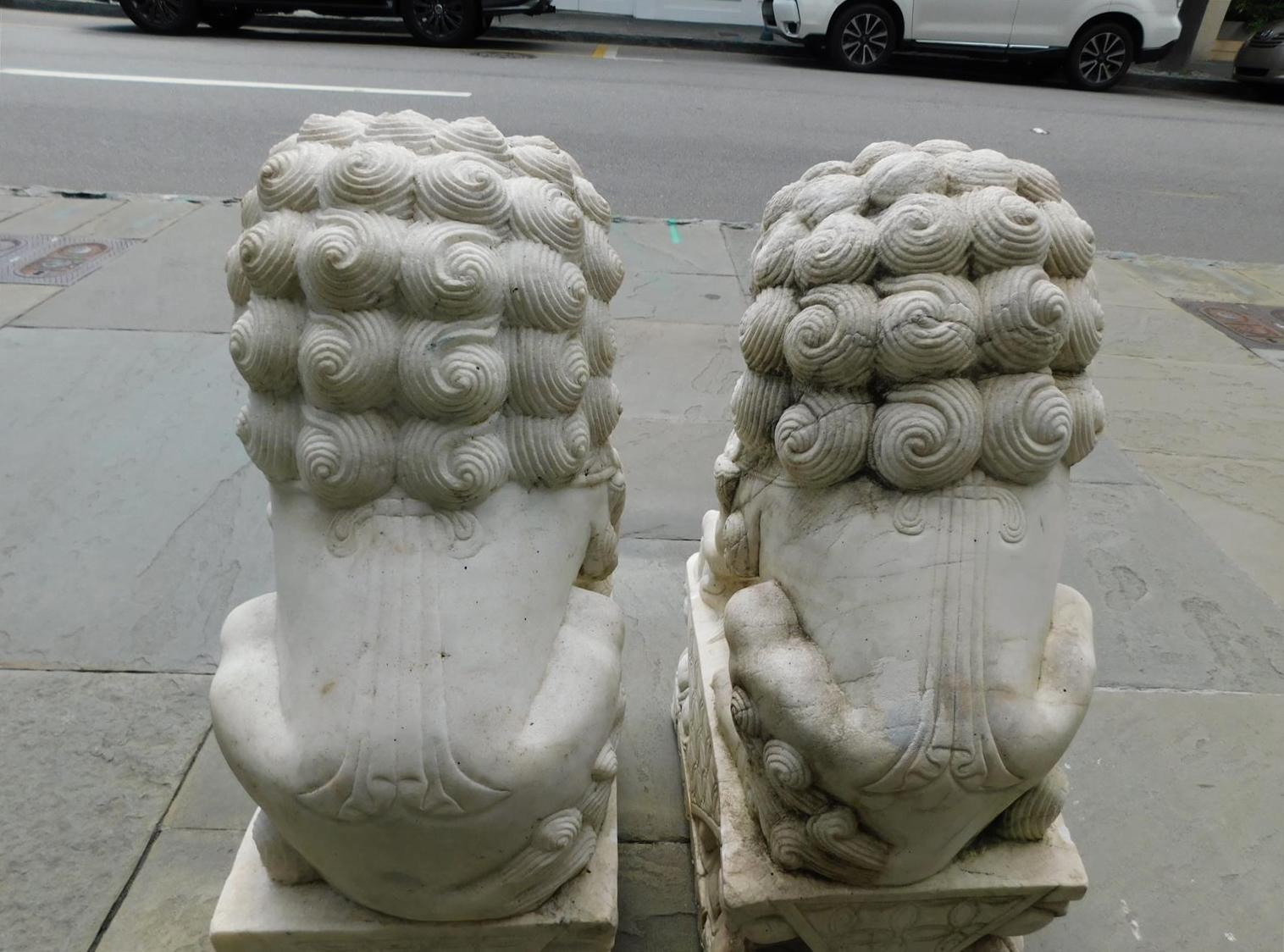 Pair of Chinese Carved Marble Foo Dogs Sitting on Decorative Plinths, 20th Cent 9