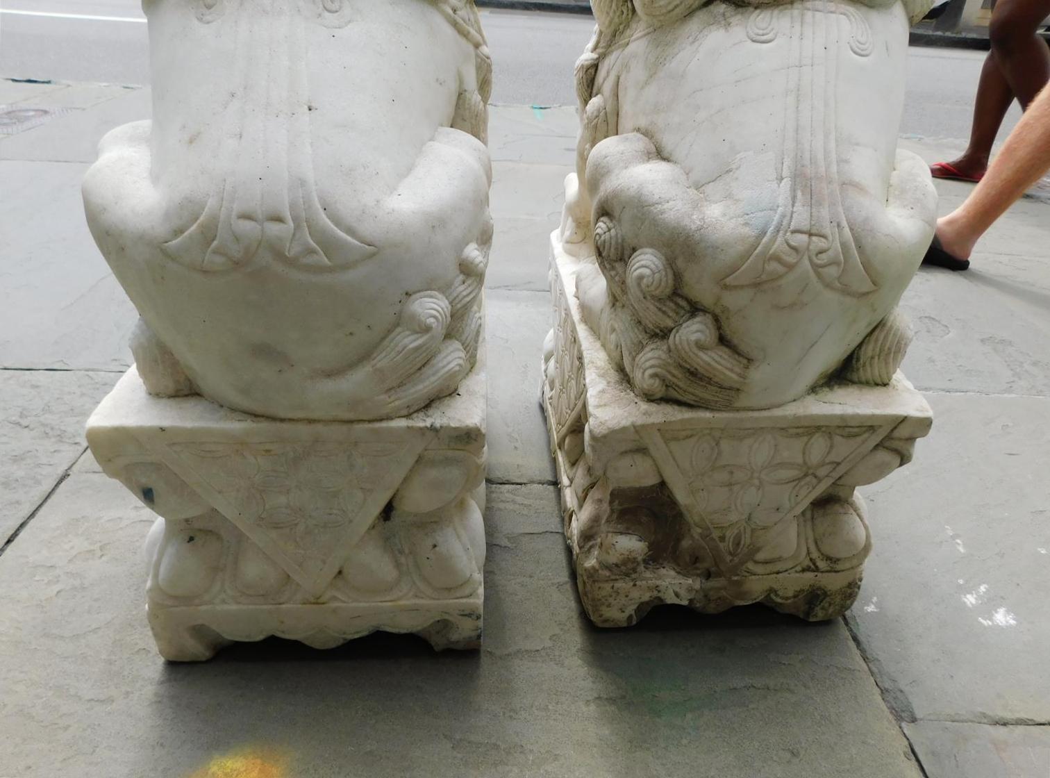 Pair of Chinese Carved Marble Foo Dogs Sitting on Decorative Plinths, 20th Cent 10