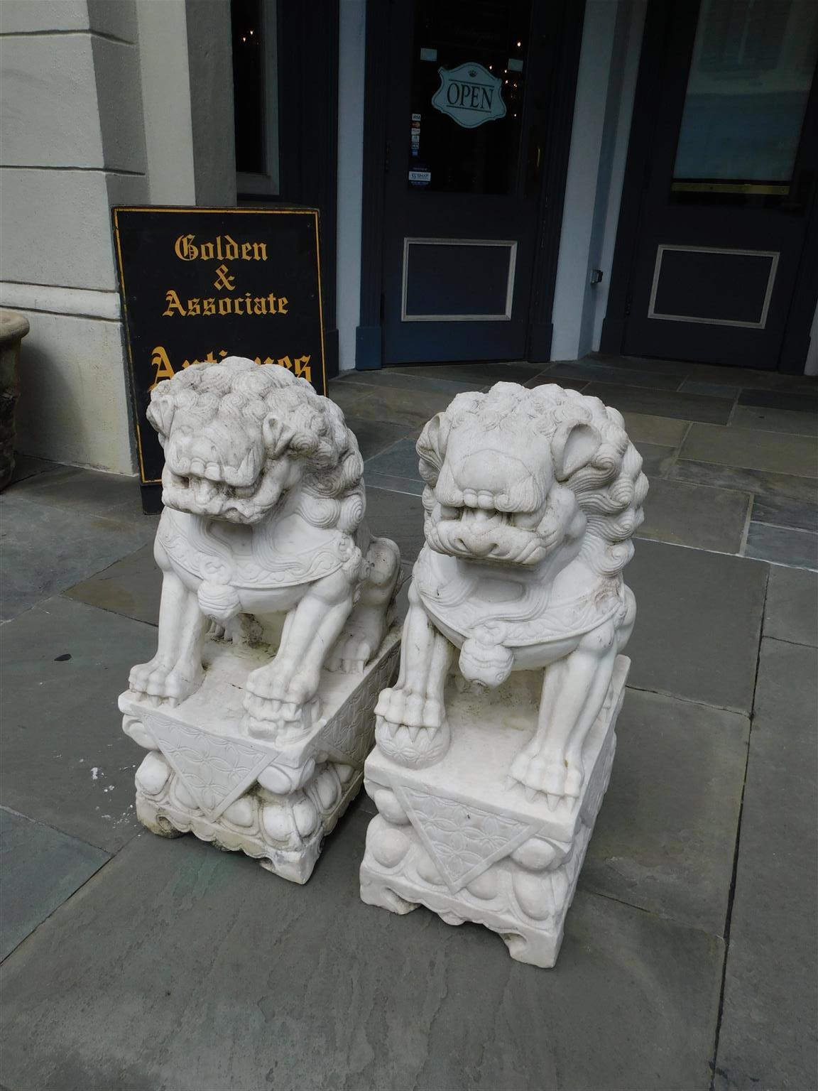 Hand-Carved Pair of Chinese Carved Marble Foo Dogs Sitting on Decorative Plinths, 20th Cent