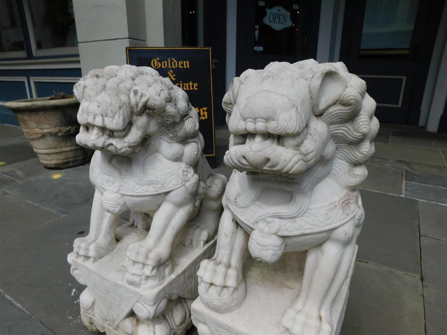 20th Century Pair of Chinese Carved Marble Foo Dogs Sitting on Decorative Plinths, 20th Cent