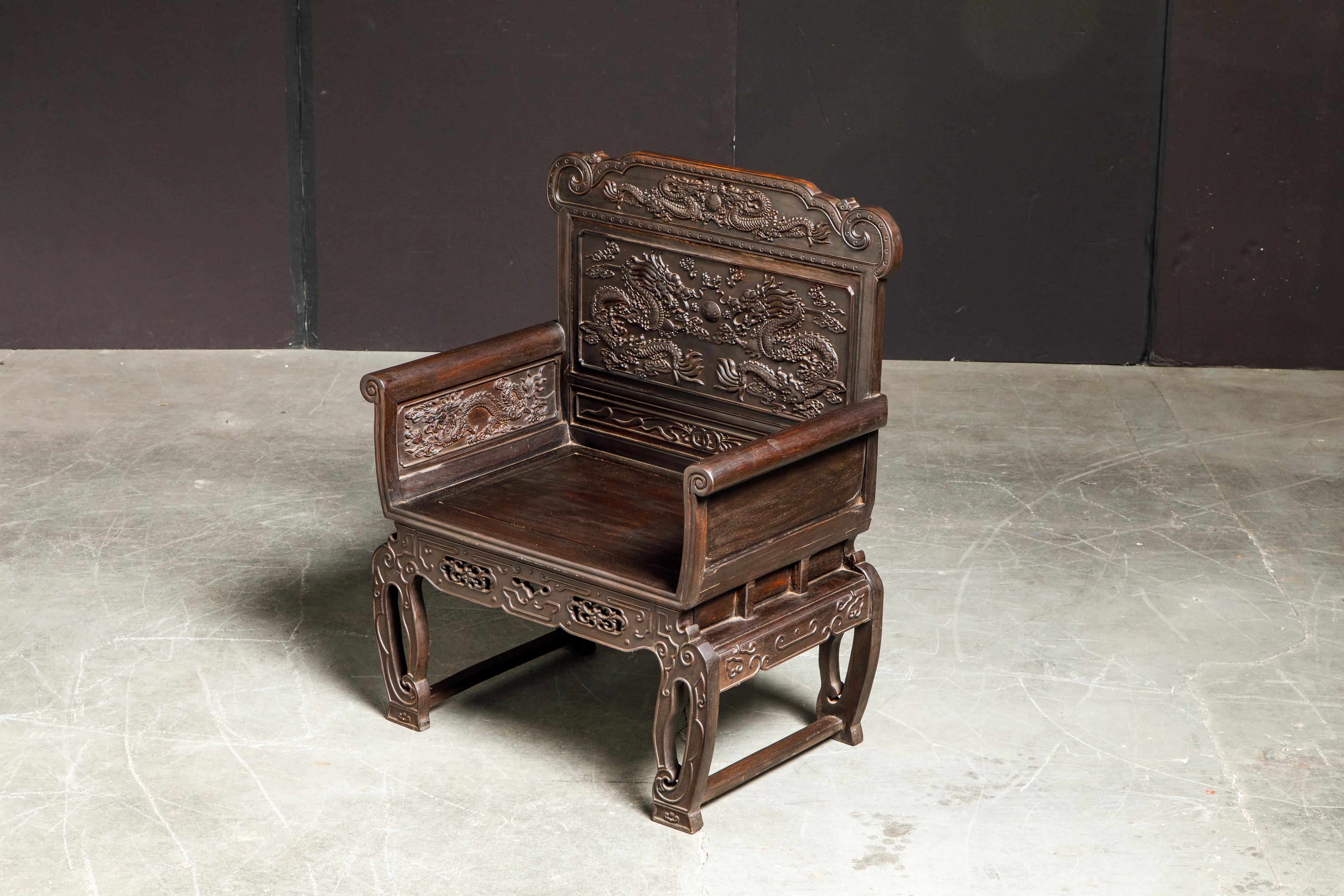 Pair of Carved Chinese Zitan Throne Chairs with Dragon Motifs 1