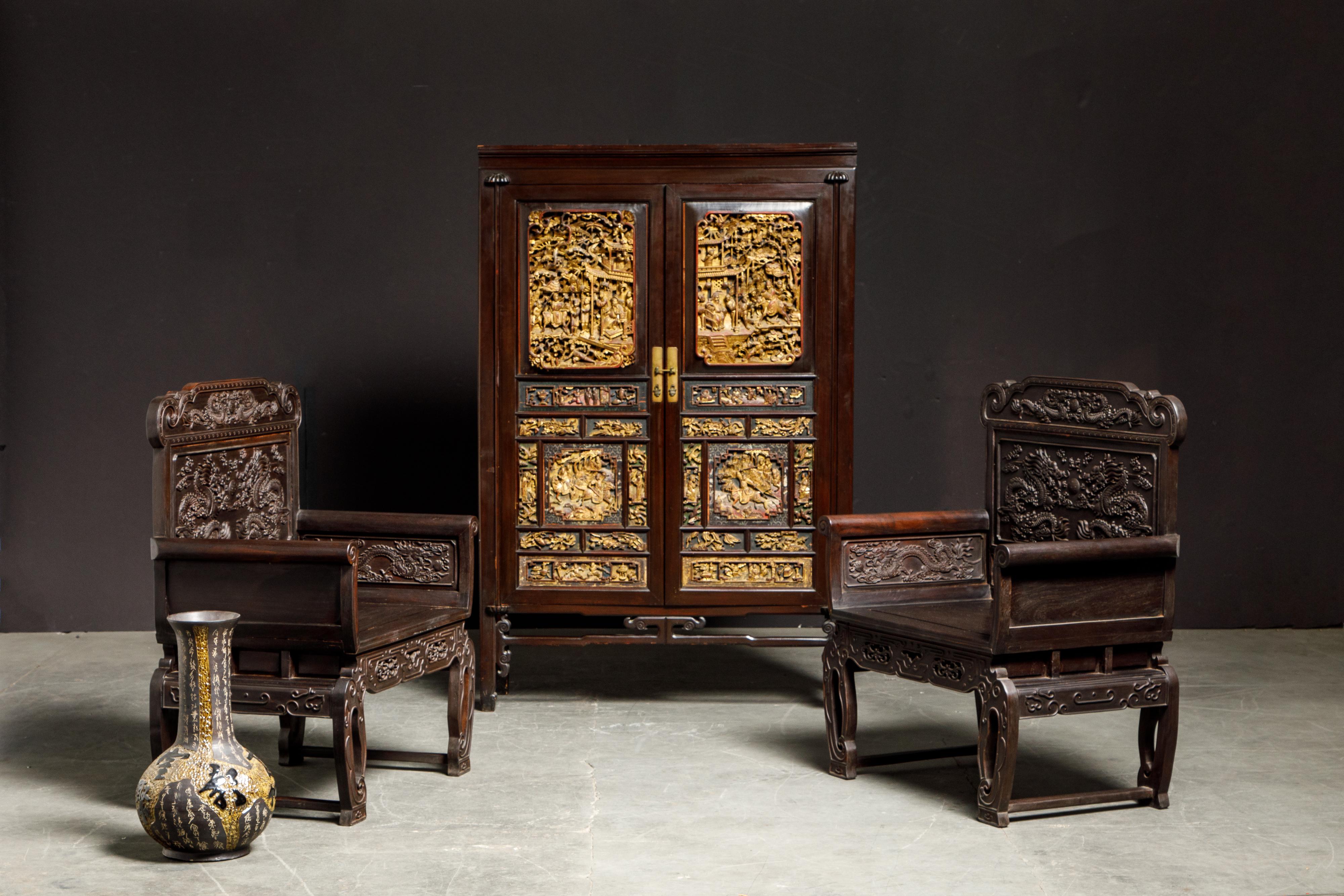 Pair of Carved Chinese Zitan Throne Chairs with Dragon Motifs 7