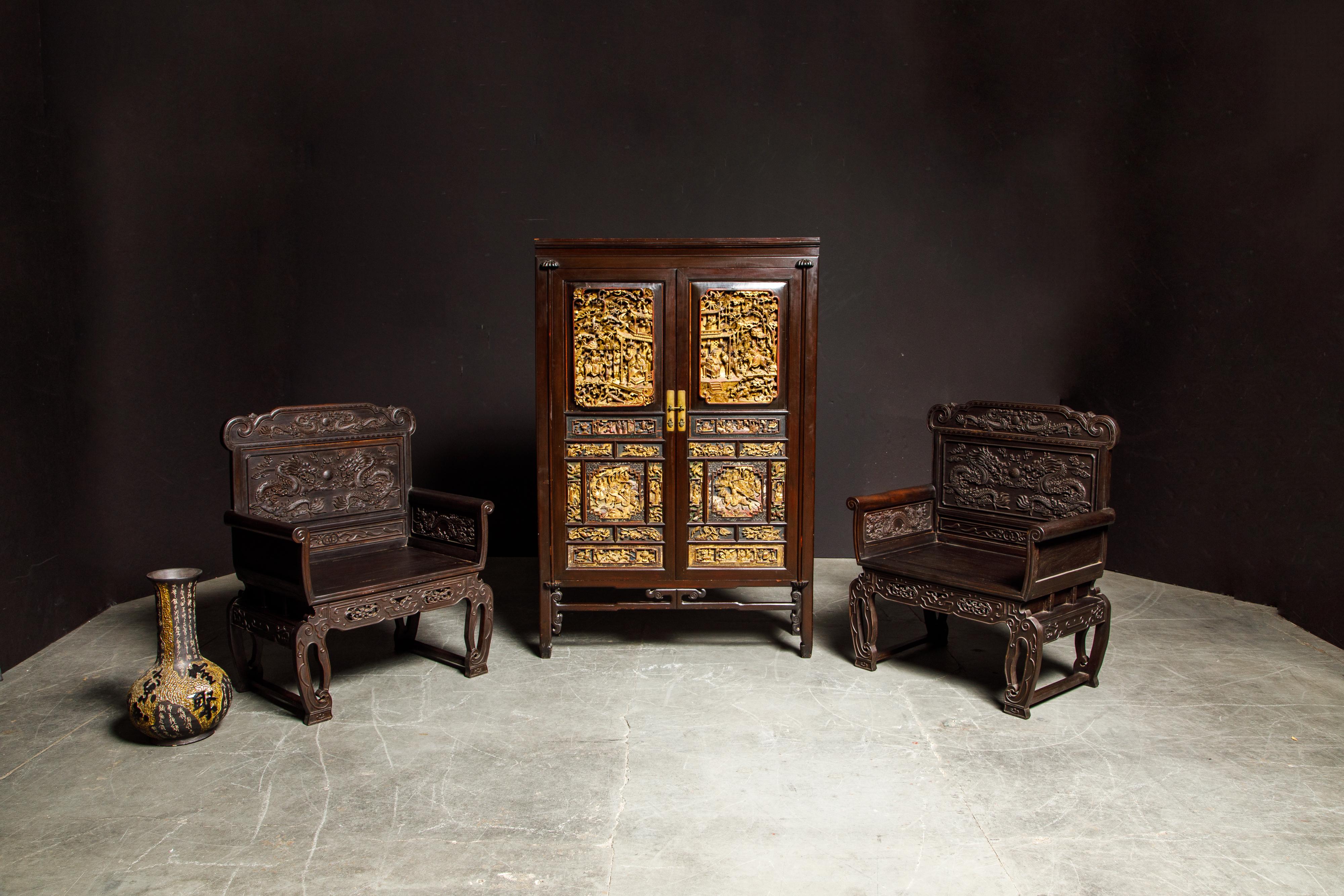 Pair of Carved Chinese Zitan Throne Chairs with Dragon Motifs 8
