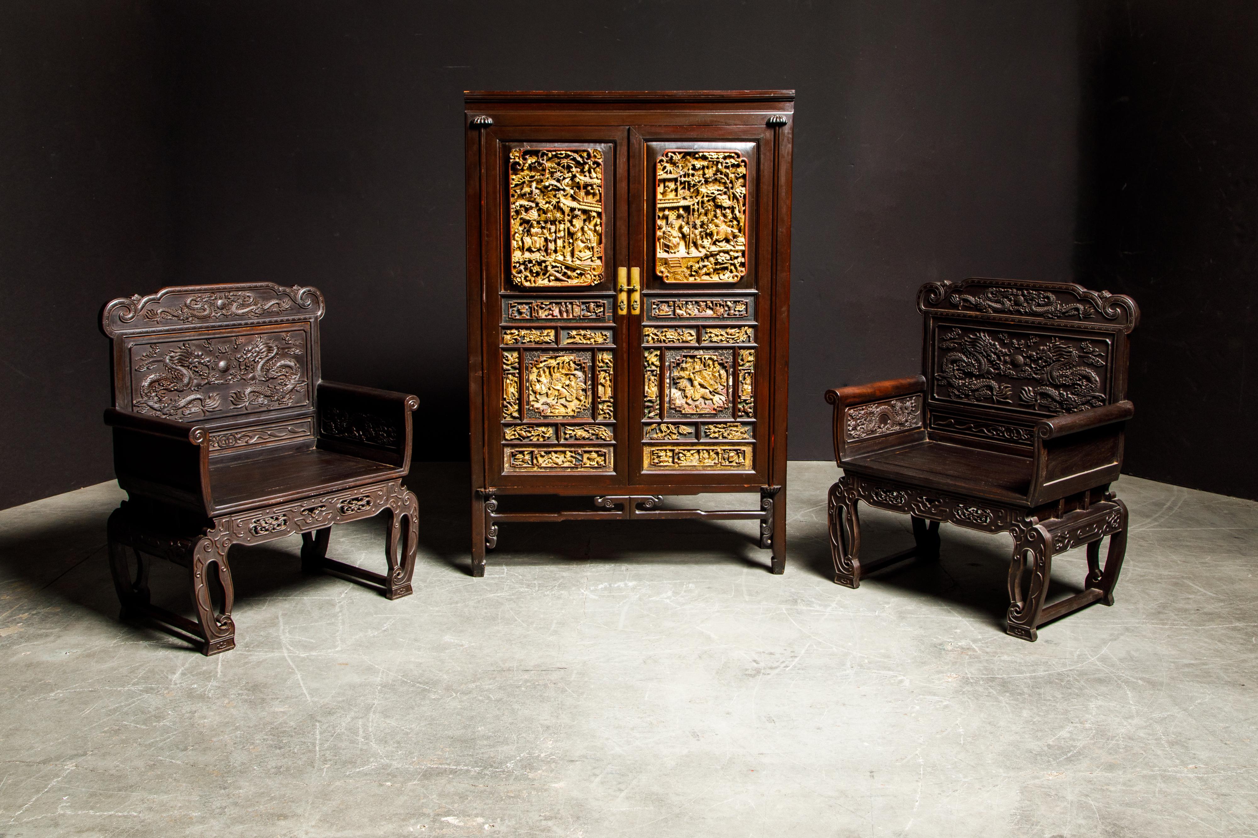 Pair of Carved Chinese Zitan Throne Chairs with Dragon Motifs 9