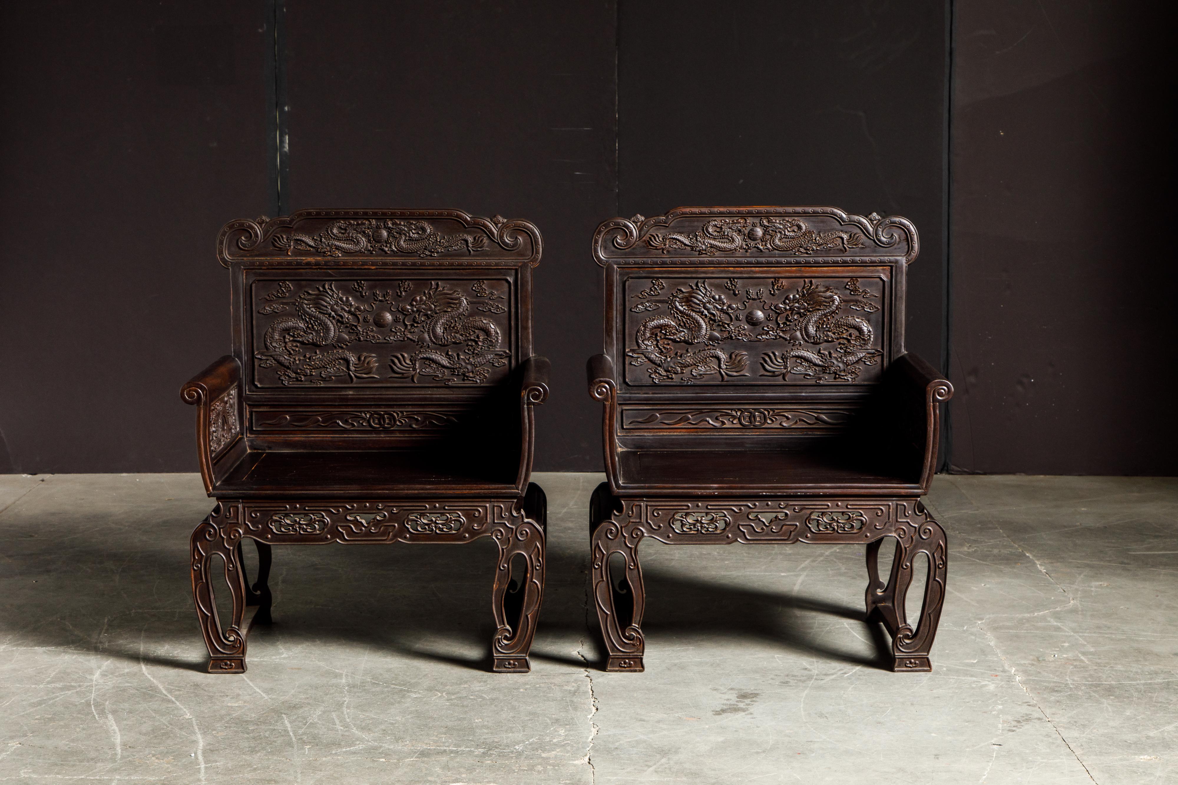 Pair of Carved Chinese Zitan Throne Chairs with Dragon Motifs 11