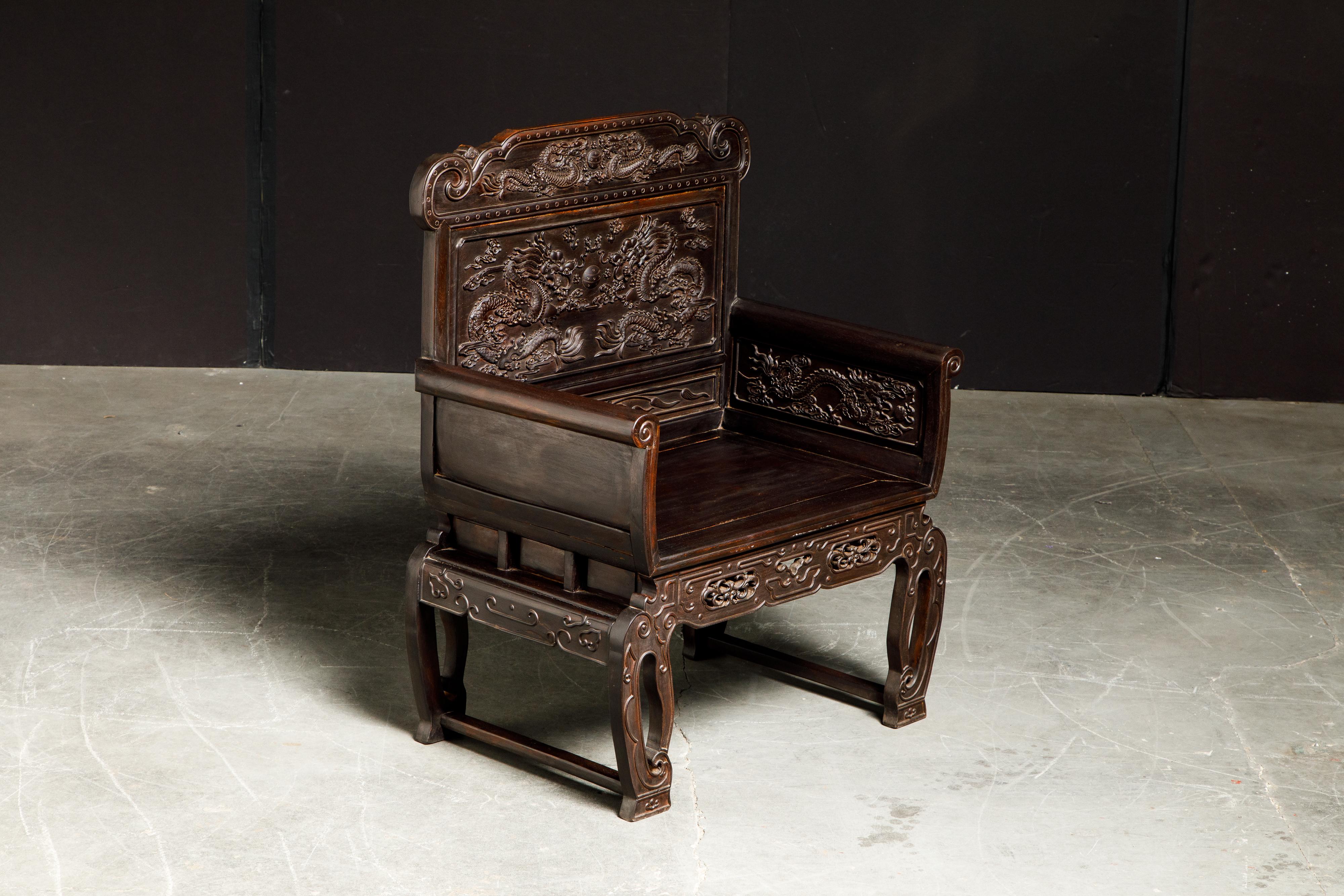 Chinese Export Pair of Carved Chinese Zitan Throne Chairs with Dragon Motifs