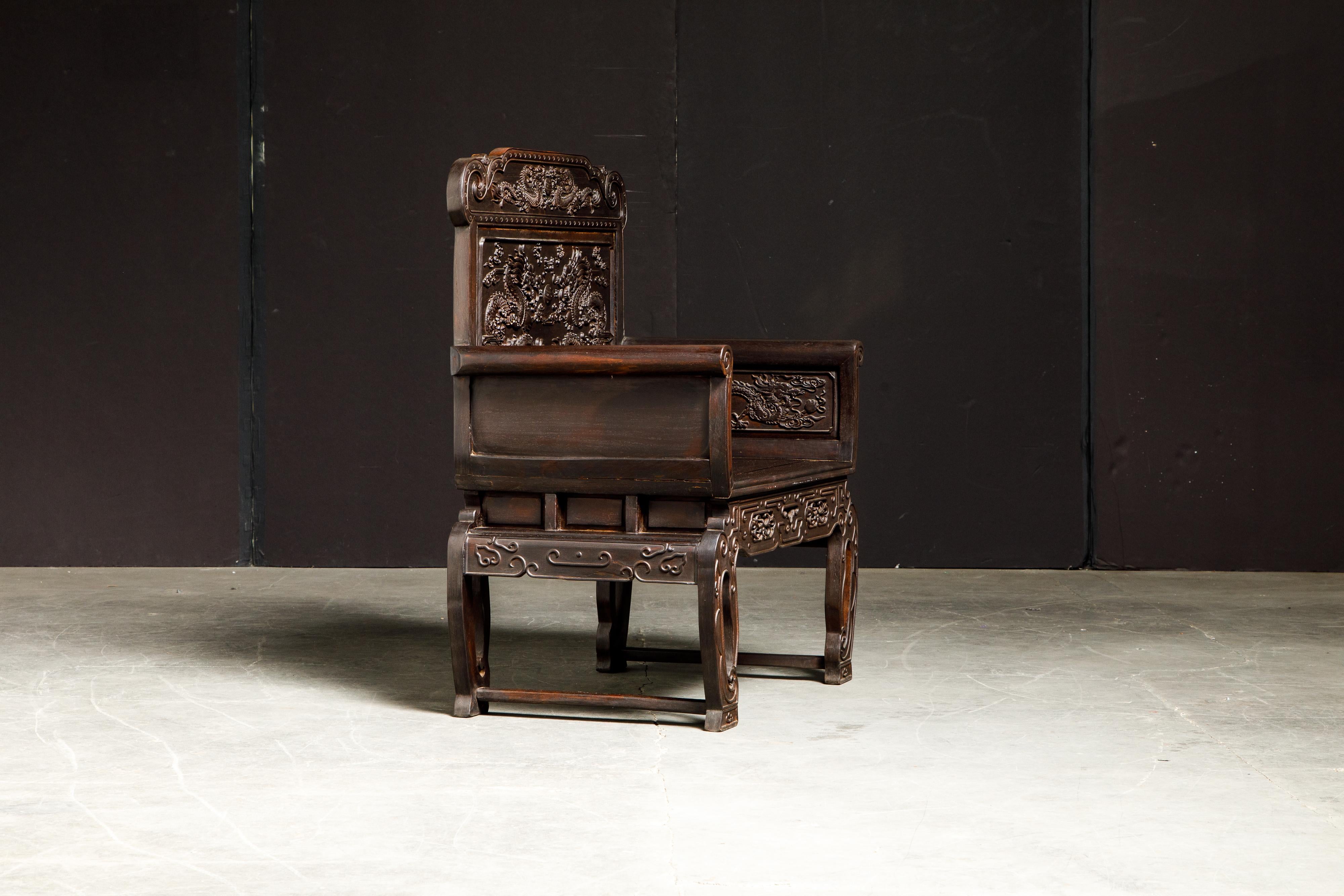 Pair of Carved Chinese Zitan Throne Chairs with Dragon Motifs In Good Condition In Los Angeles, CA