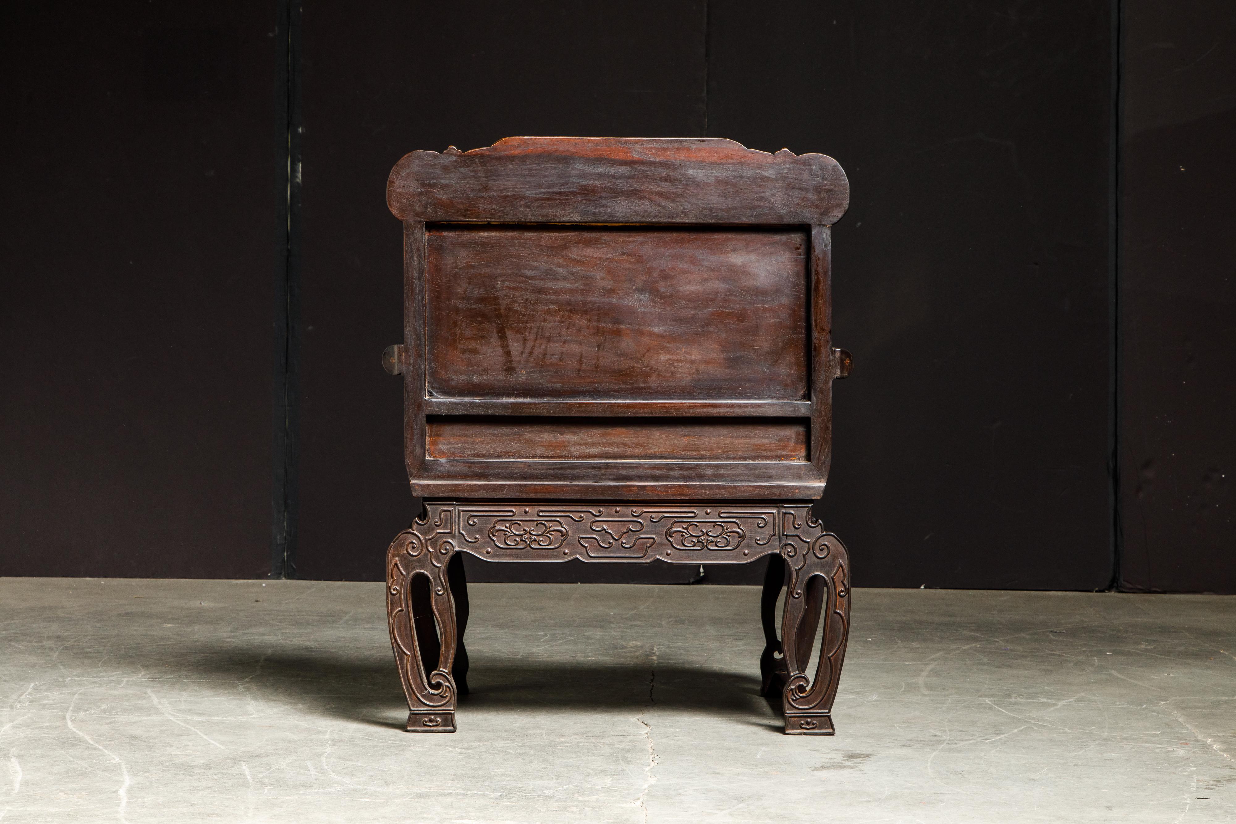 20th Century Pair of Carved Chinese Zitan Throne Chairs with Dragon Motifs