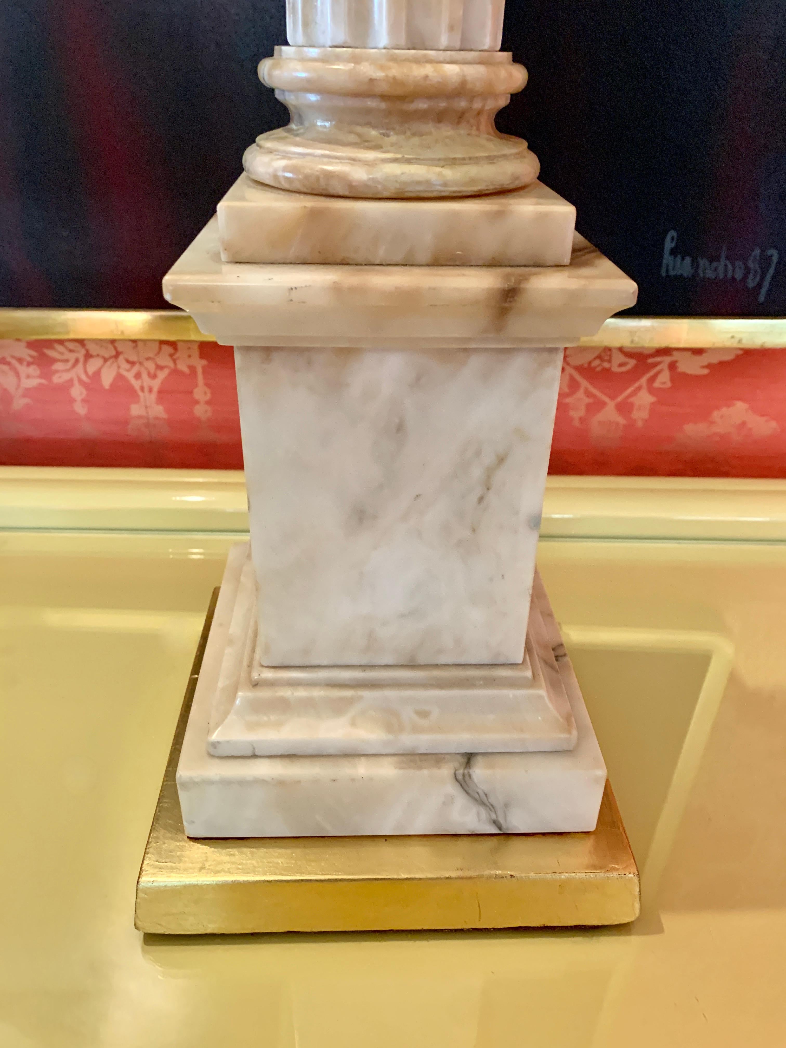 Pair of Carved Column Marble Alabaster Lamps with Gilt Bases and Silk Shades For Sale 6