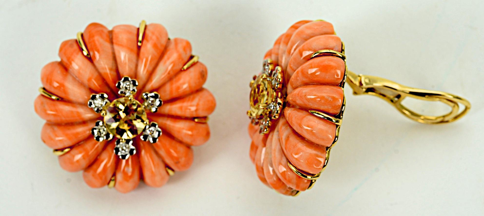 Modern Pair of Carved Coral, Diamond and Citrine Earrings Set in 18 Karat Gold For Sale