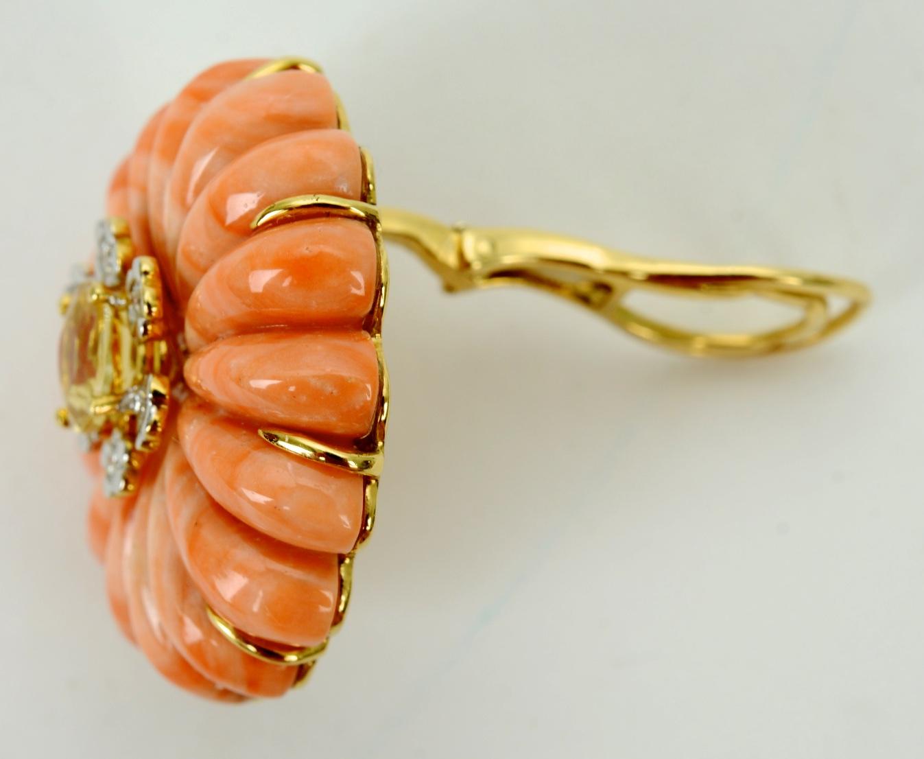 Round Cut Pair of Carved Coral, Diamond and Citrine Earrings Set in 18 Karat Gold For Sale