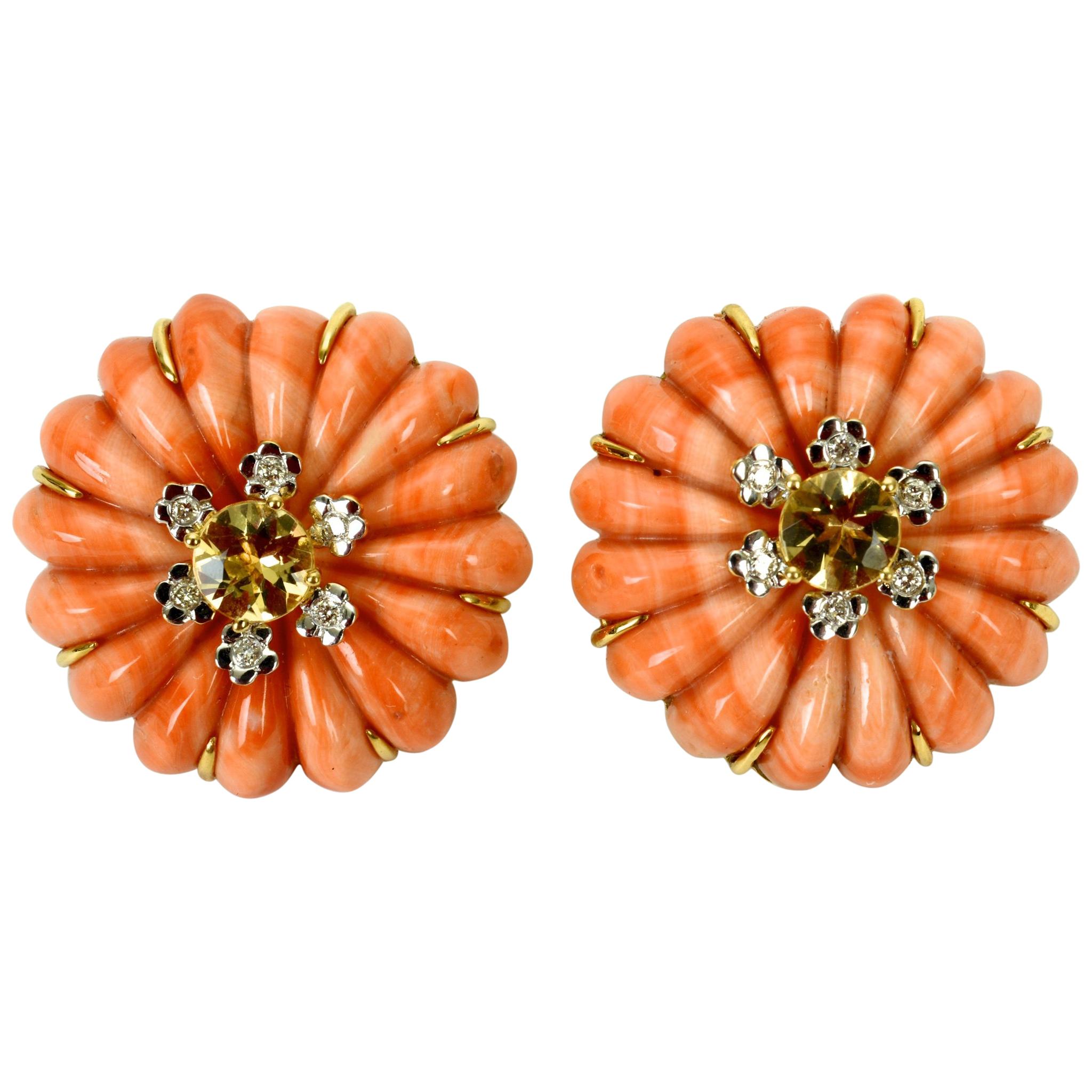 Pair of Carved Coral, Diamond and Citrine Earrings Set in 18 Karat Gold For Sale