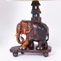 Pair of Carved Coromandel Wood Elephant Table Lamps