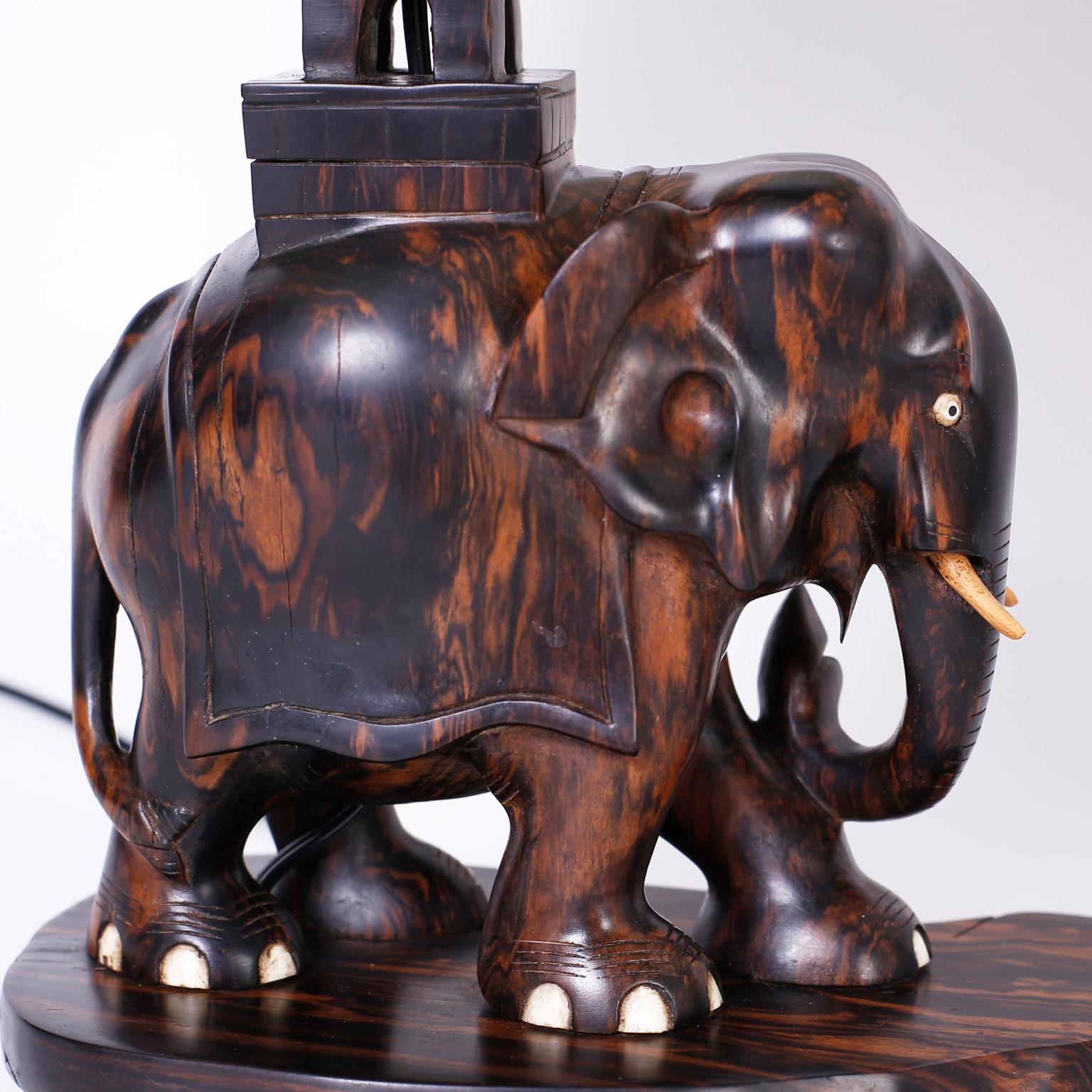 Indian Pair of Carved Coromandel Wood Elephant Table Lamps