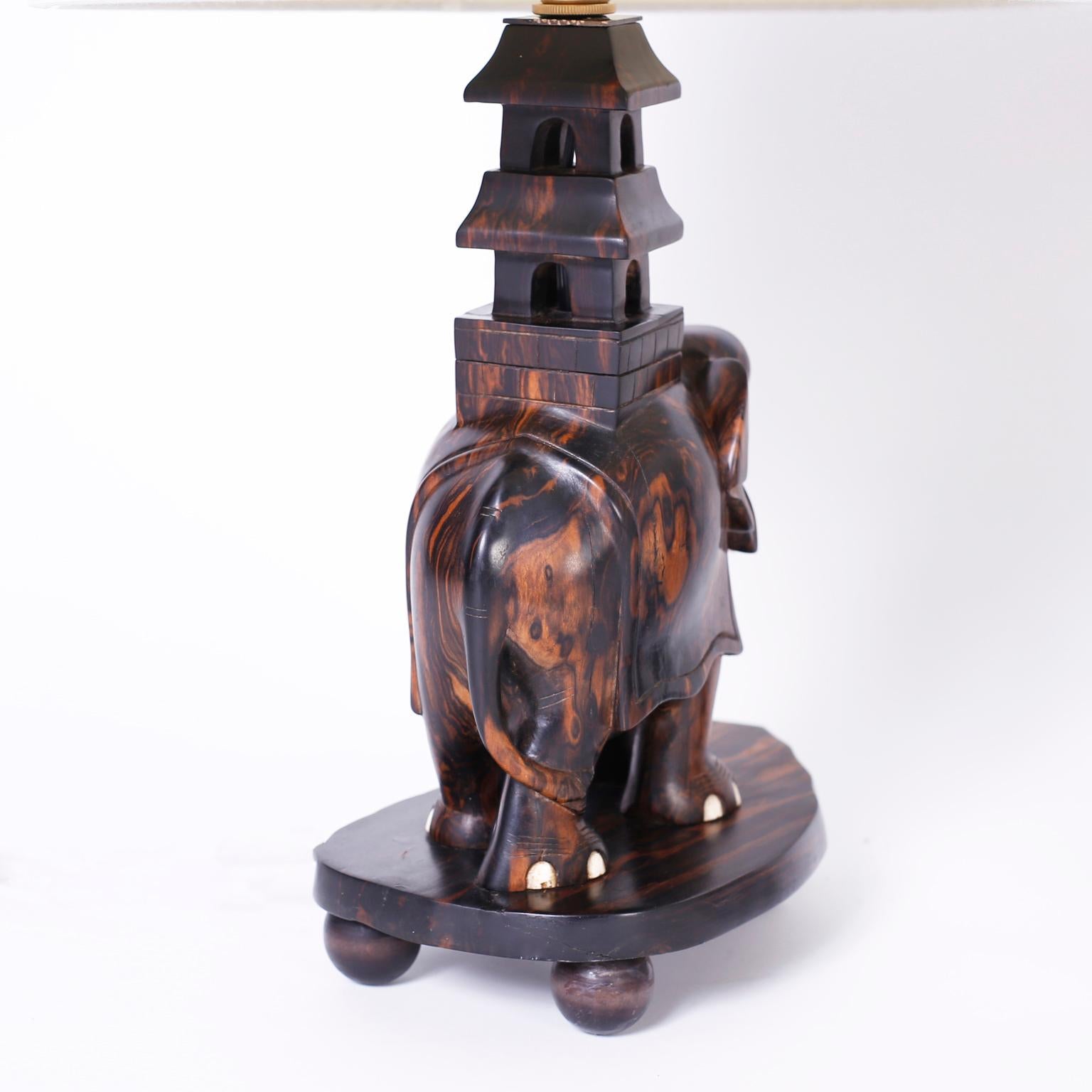 20th Century Pair of Carved Coromandel Wood Elephant Table Lamps