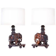Pair of Carved Coromandel Wood Elephant Table Lamps