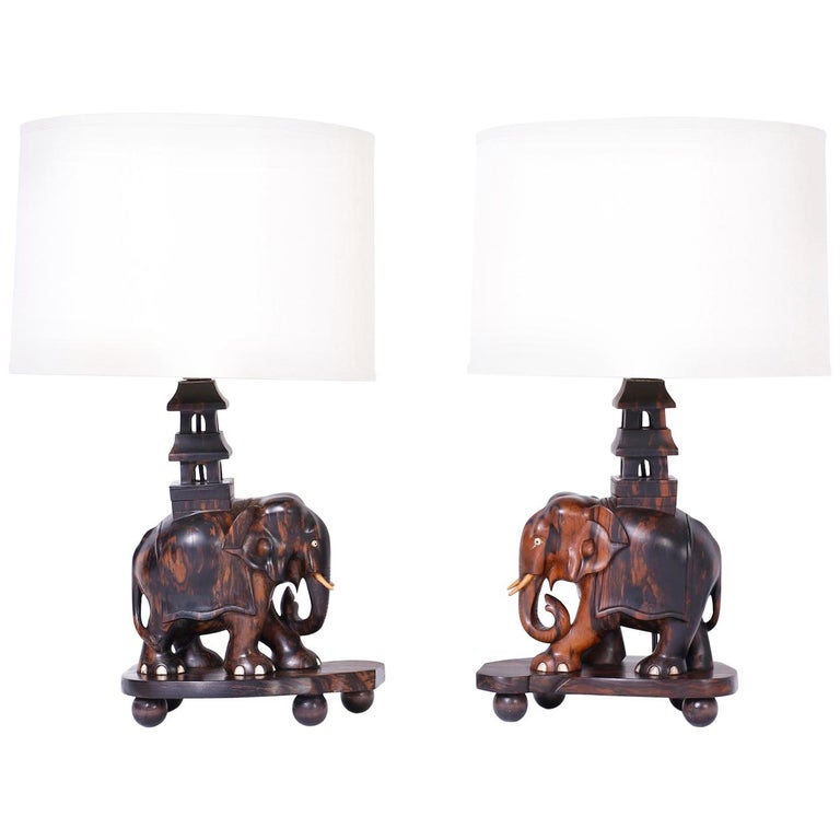 Pair of Carved Coromandel Wood Elephant Table Lamps at 1stdibs