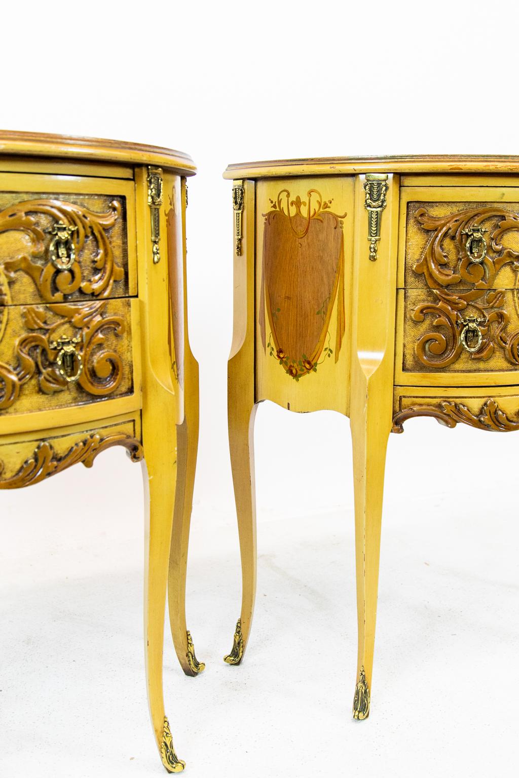 Veneer Pair of Carved Demilune Side Tables For Sale