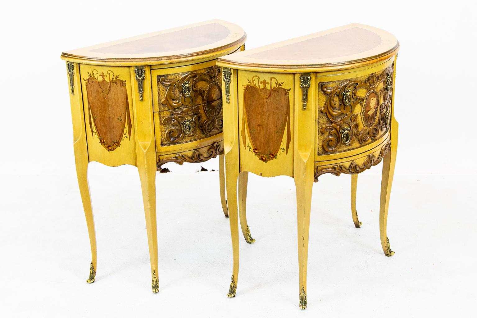 Brass Pair of Carved Demilune Side Tables For Sale