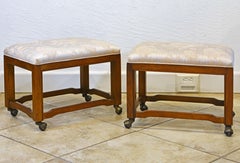Pair of Carved Drexel Heritage Mid-Century Modern Rolling Upholstered Benches