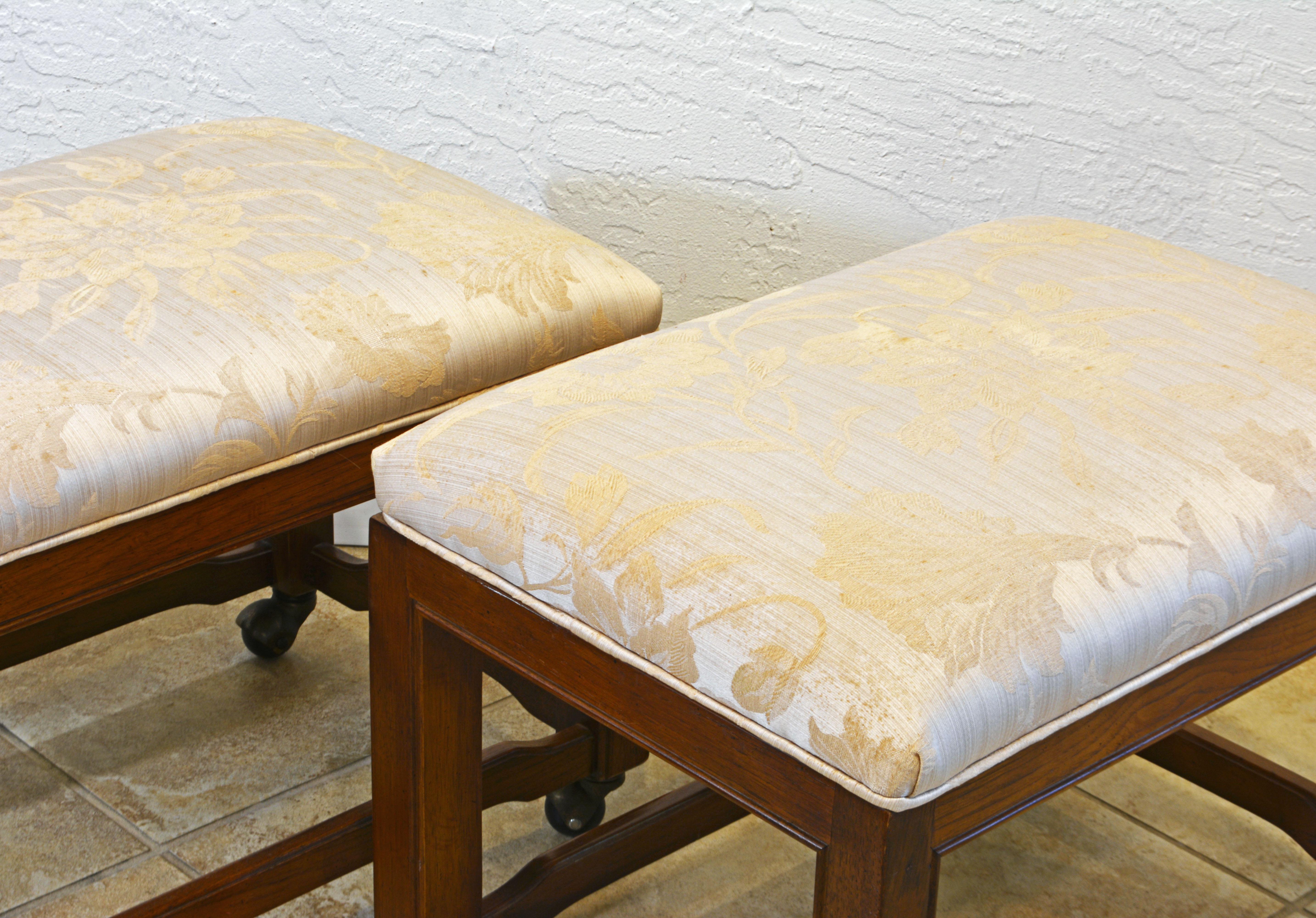 American Pair of Carved Drexel Heritage Mid-Century Modern Rolling Upholstered Benches